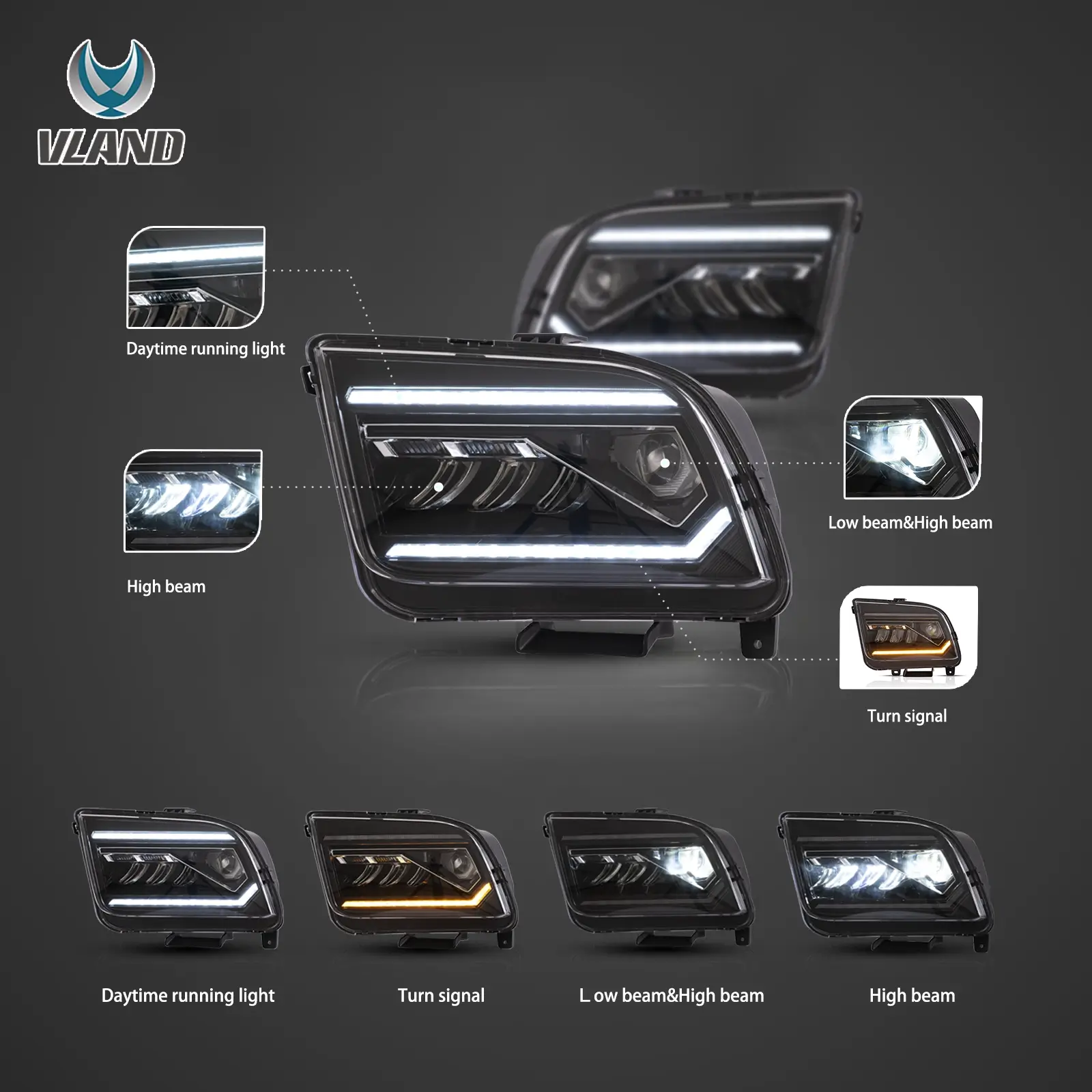 05-09 Ford Mustang 5th Gen (S-197 I) Pre-Facelift Vland I LED Dual Beam Projector With Reflector Headlights Chrome - Image 3