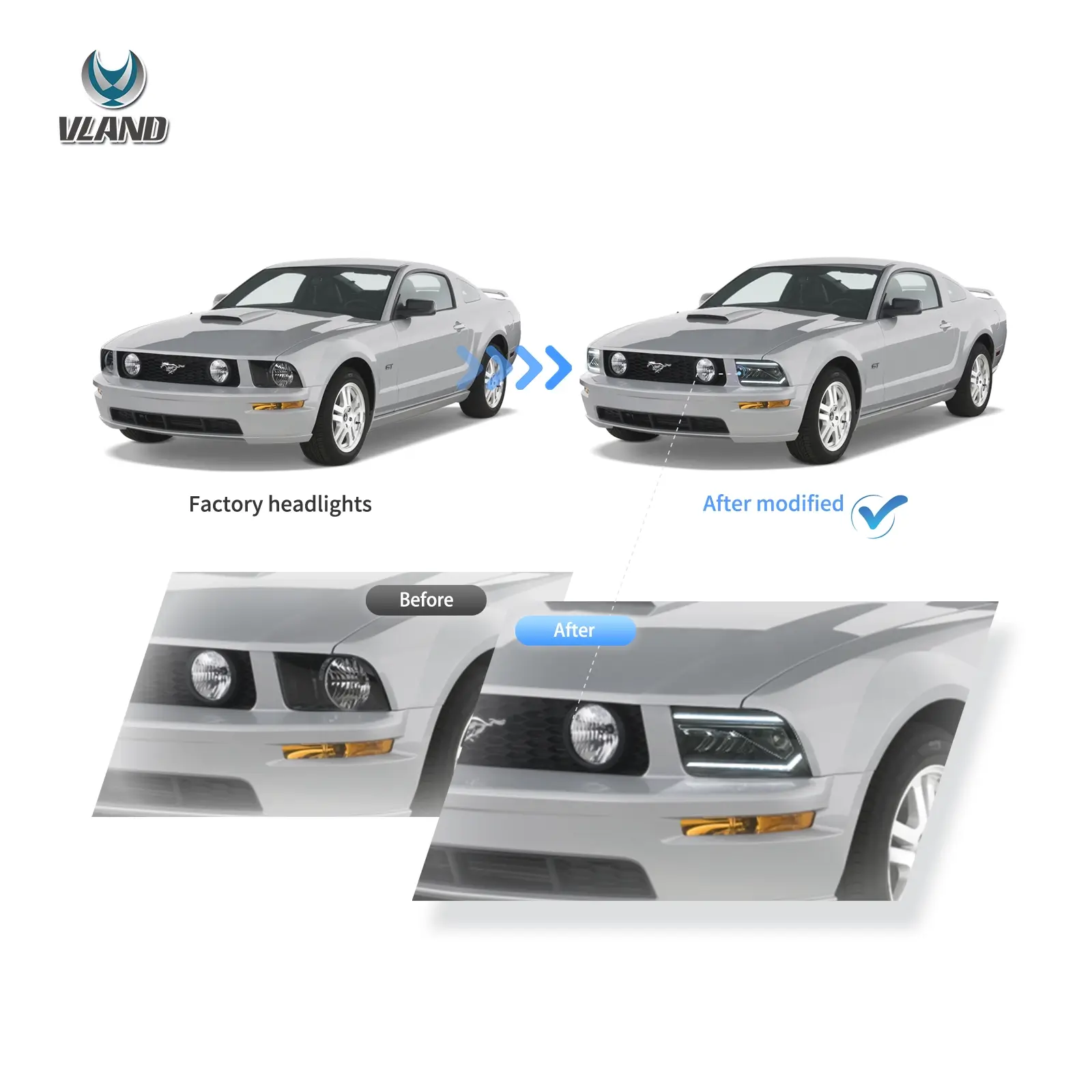 05-09 Ford Mustang 5th Gen (S-197 I) Pre-Facelift Vland I LED Dual Beam Projector With Reflector Headlights Chrome - Image 6