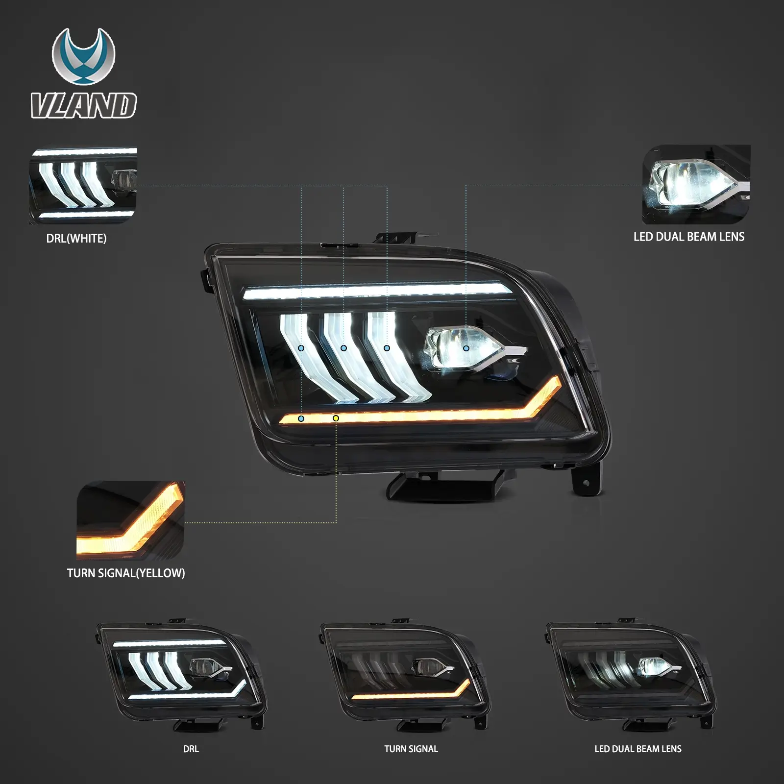 05-09 Ford Mustang 5th Gen (S-197 I) Pre-Facelift Vland LED Dual Beam Projector Headlights Black - Image 4