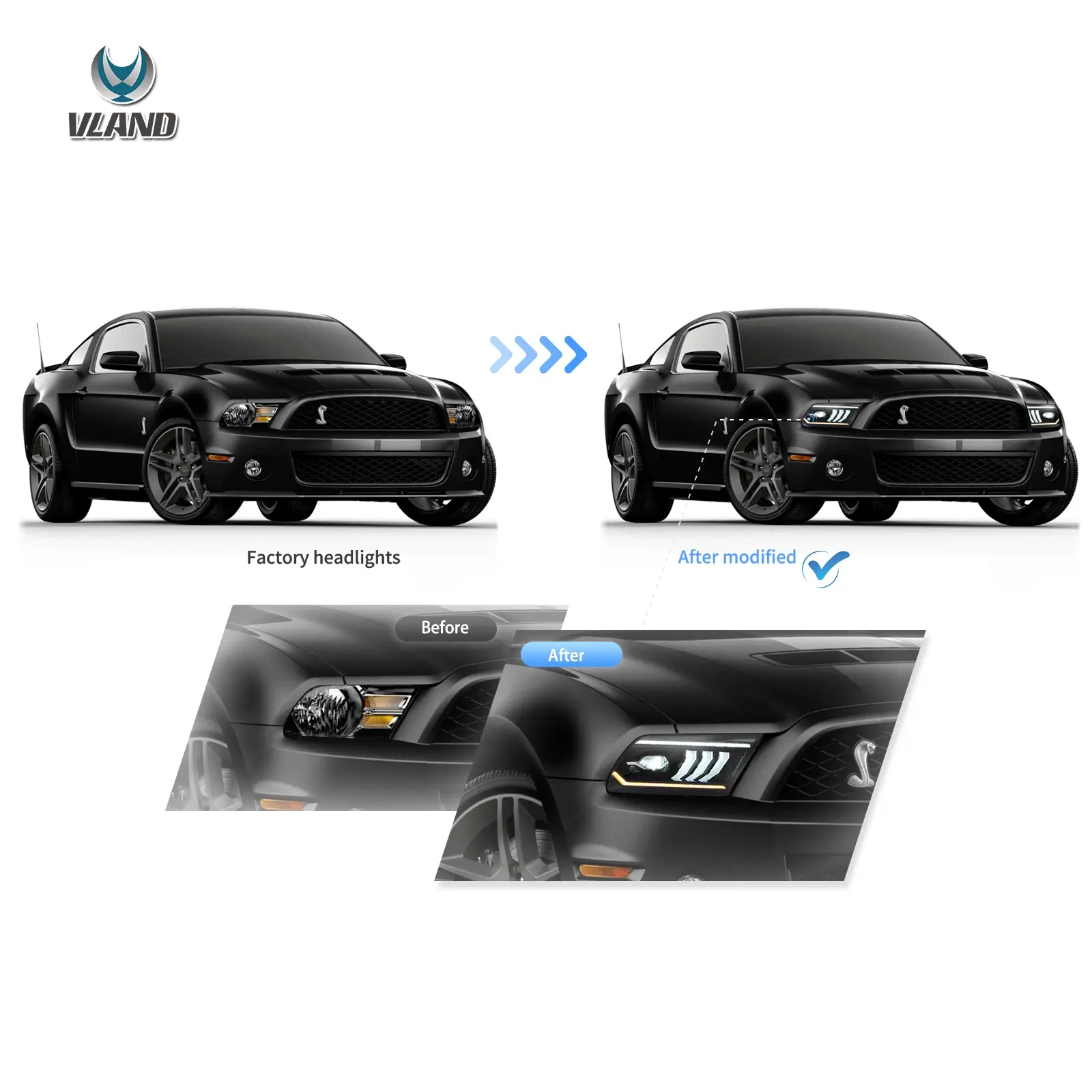 05-09 Ford Mustang 5th Gen (S-197 I) Pre-Facelift Vland LED Dual Beam Projector Headlights Black - Image 7