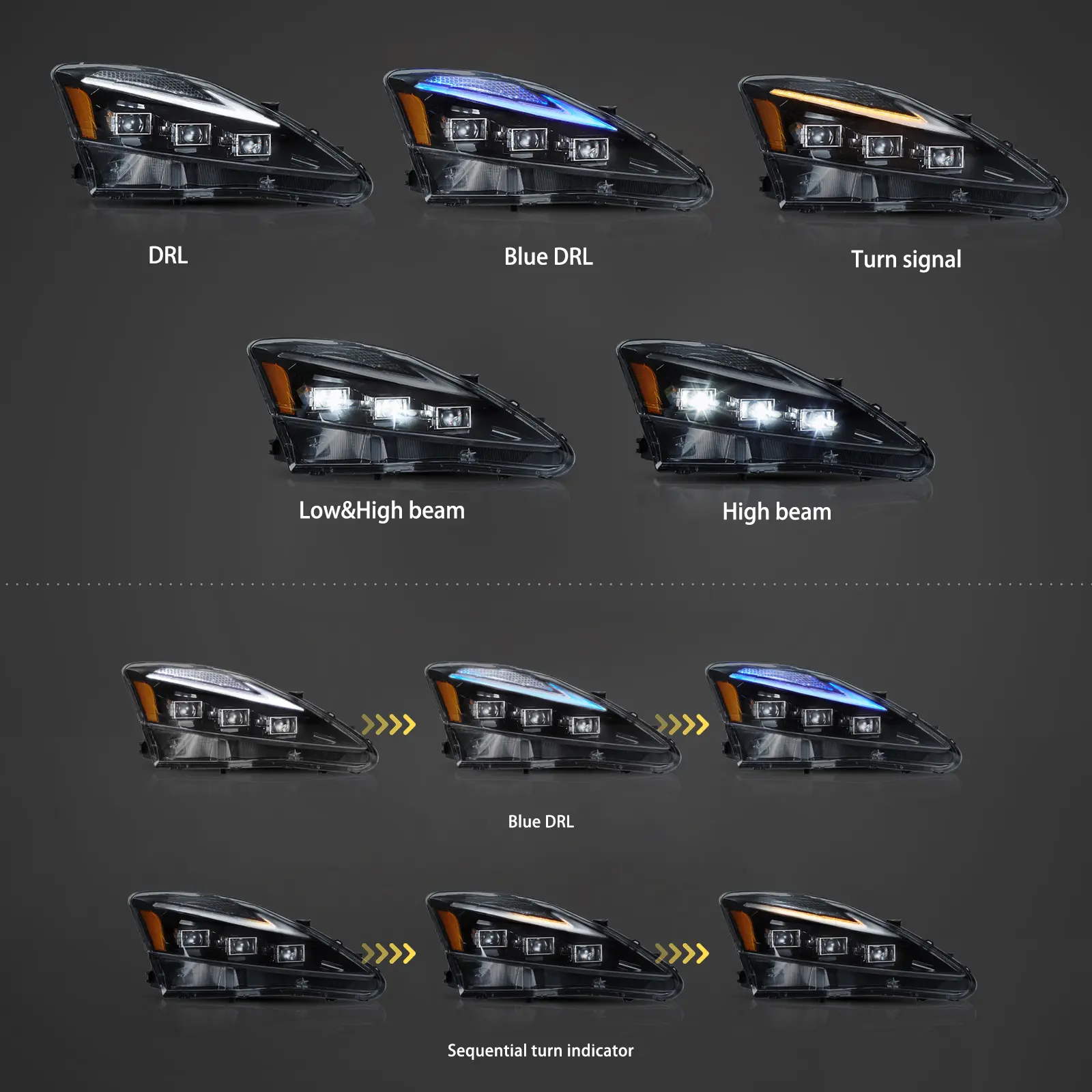 06-12 Lexus IS250/IS250C/IS350/IS220d & 08-14 ISF(XE20) Vland Matrix Projector Headlights With Blue DRL - Image 3