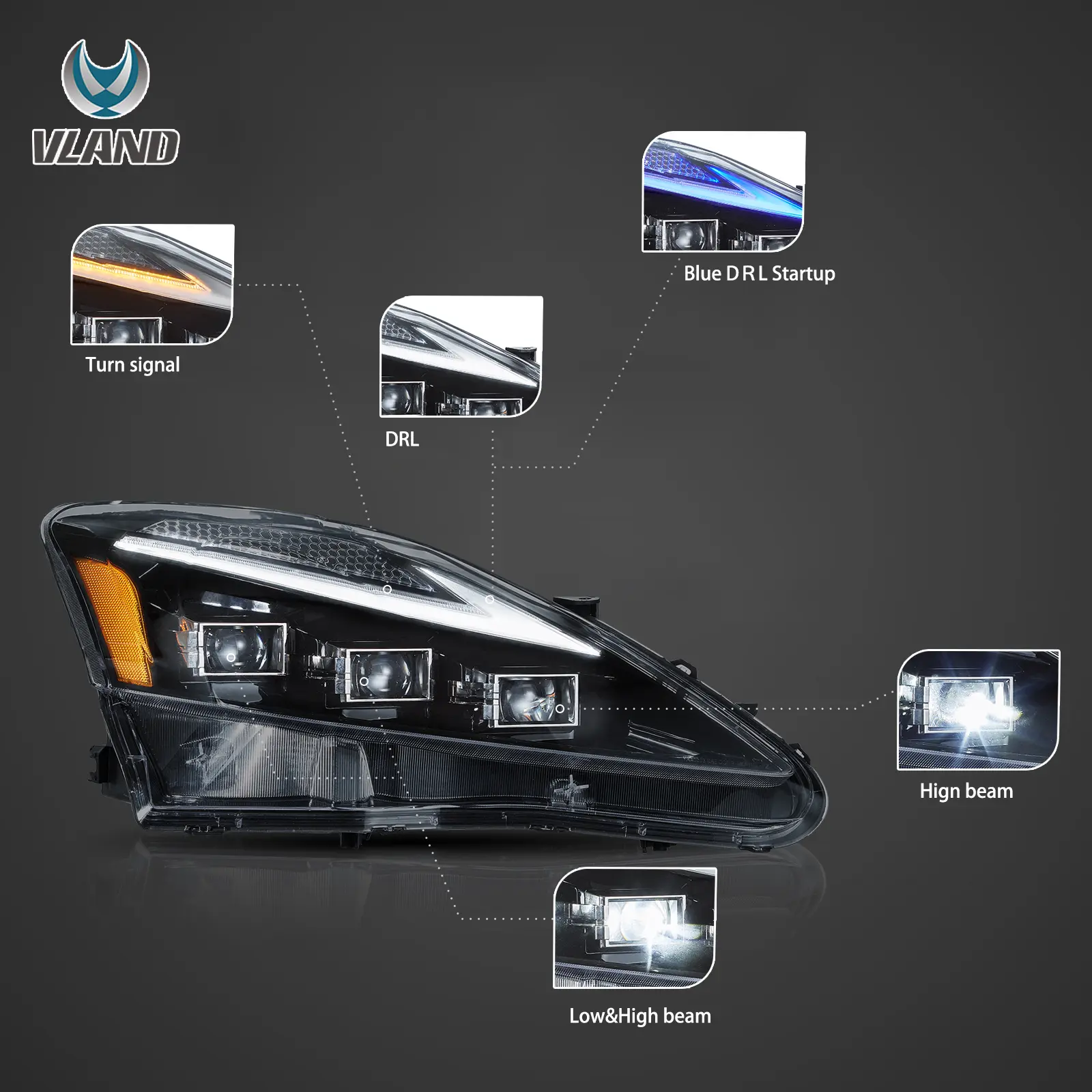 06-12 Lexus IS250/IS250C/IS350/IS220d & 08-14 ISF(XE20) Vland Matrix Projector Headlights With Blue DRL - Image 4