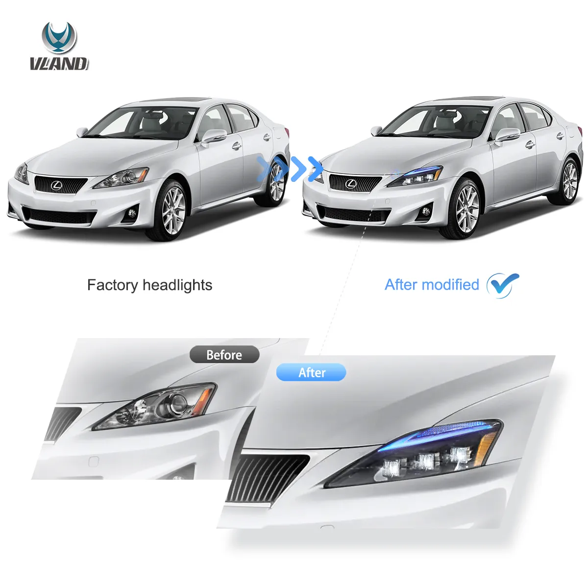06-12 Lexus IS250/IS250C/IS350/IS220d & 08-14 ISF(XE20) Vland Matrix Projector Headlights With Blue DRL - Image 8