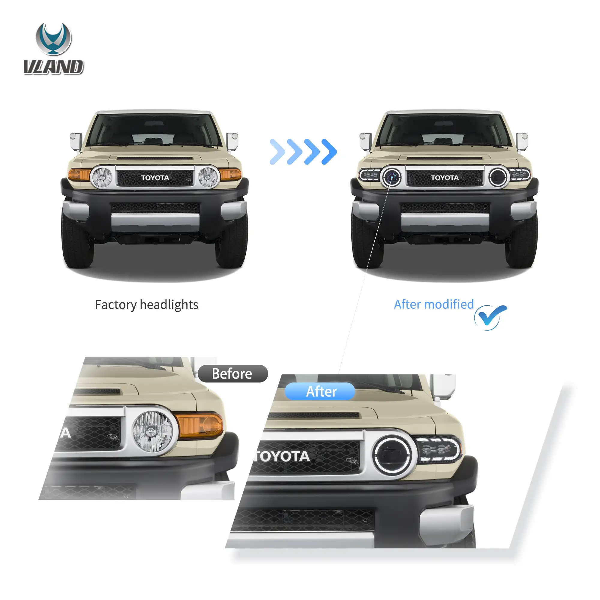 06-22 Toyota FJ Cruiser XJ10 Vland Full LED Dual Beam Projector Upgrade Headlights With start-up animation - Image 7