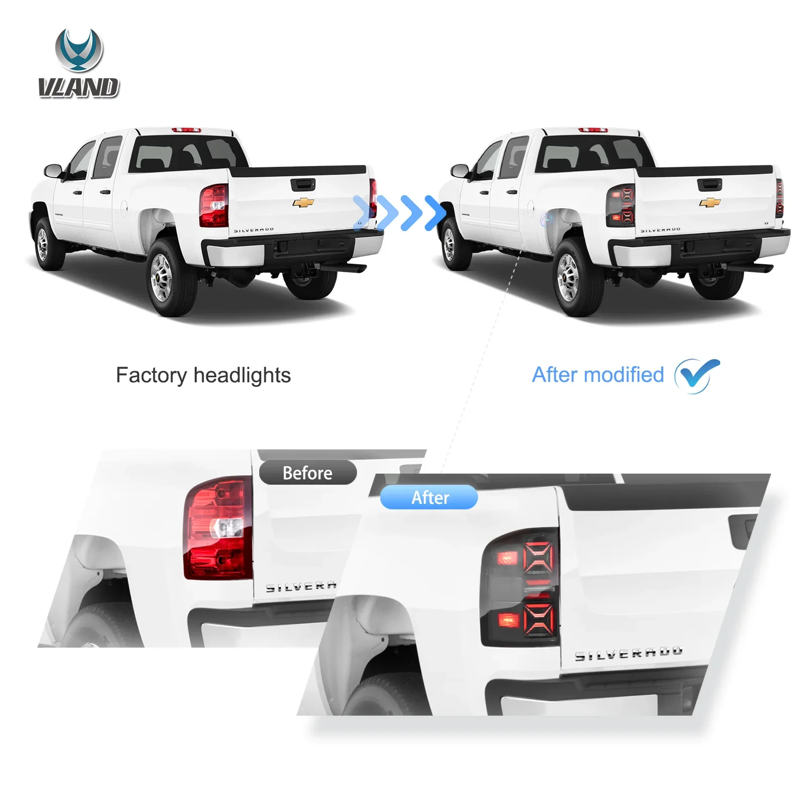 07-13 Chevrolet Silverado 1500 2500HD 3500HD & 07-14 GMC Sierra (Denali) 3500HD Dually Vland LED III Tail Lights With Red Turn Signal Clear - Image 6