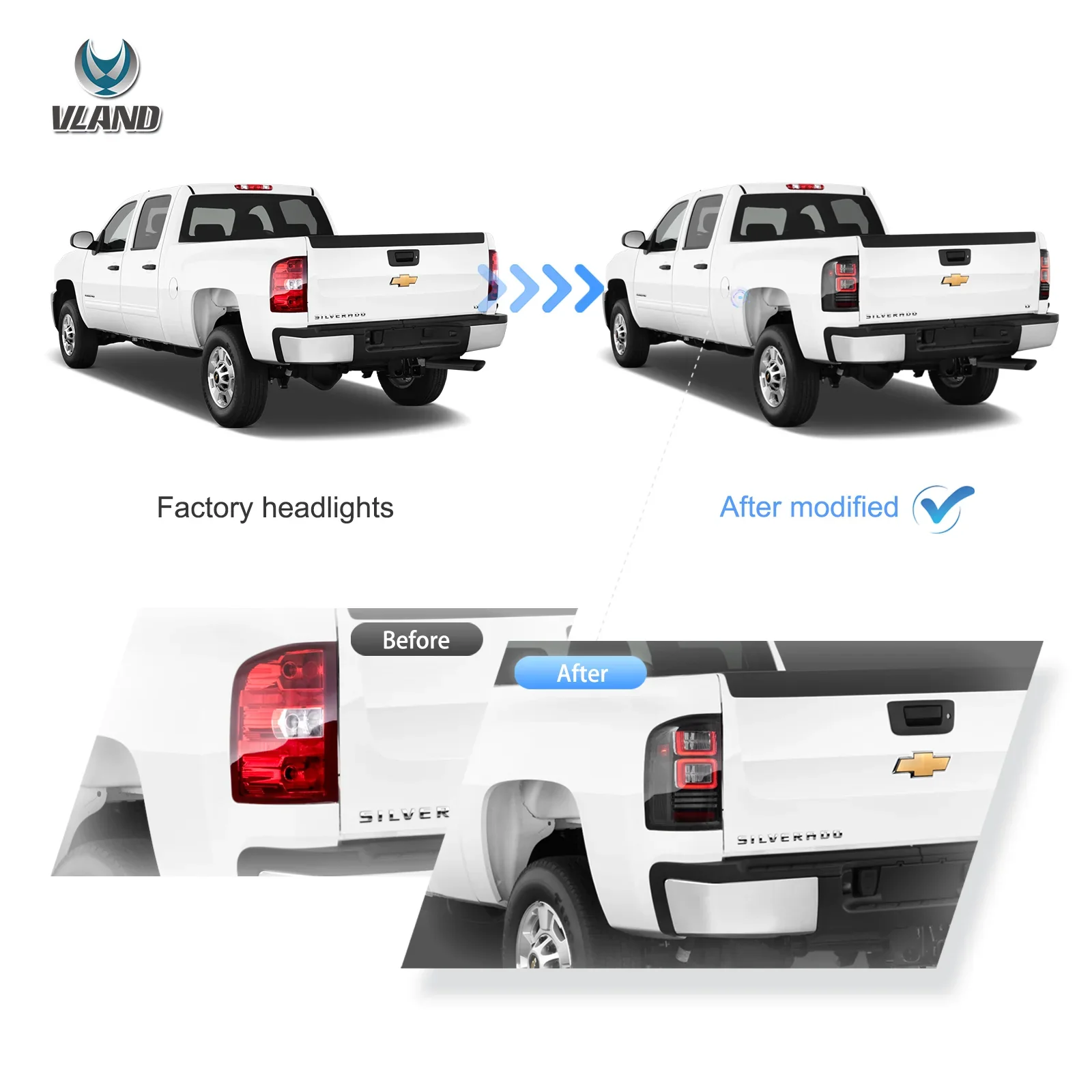 07-13 Chevrolet Silverado 1500 2500HD 3500HD 07-14 Sierra (Denali) 3500HD Dually Vland LED II Tail Lights With Red Turn Signal Clear - Image 5