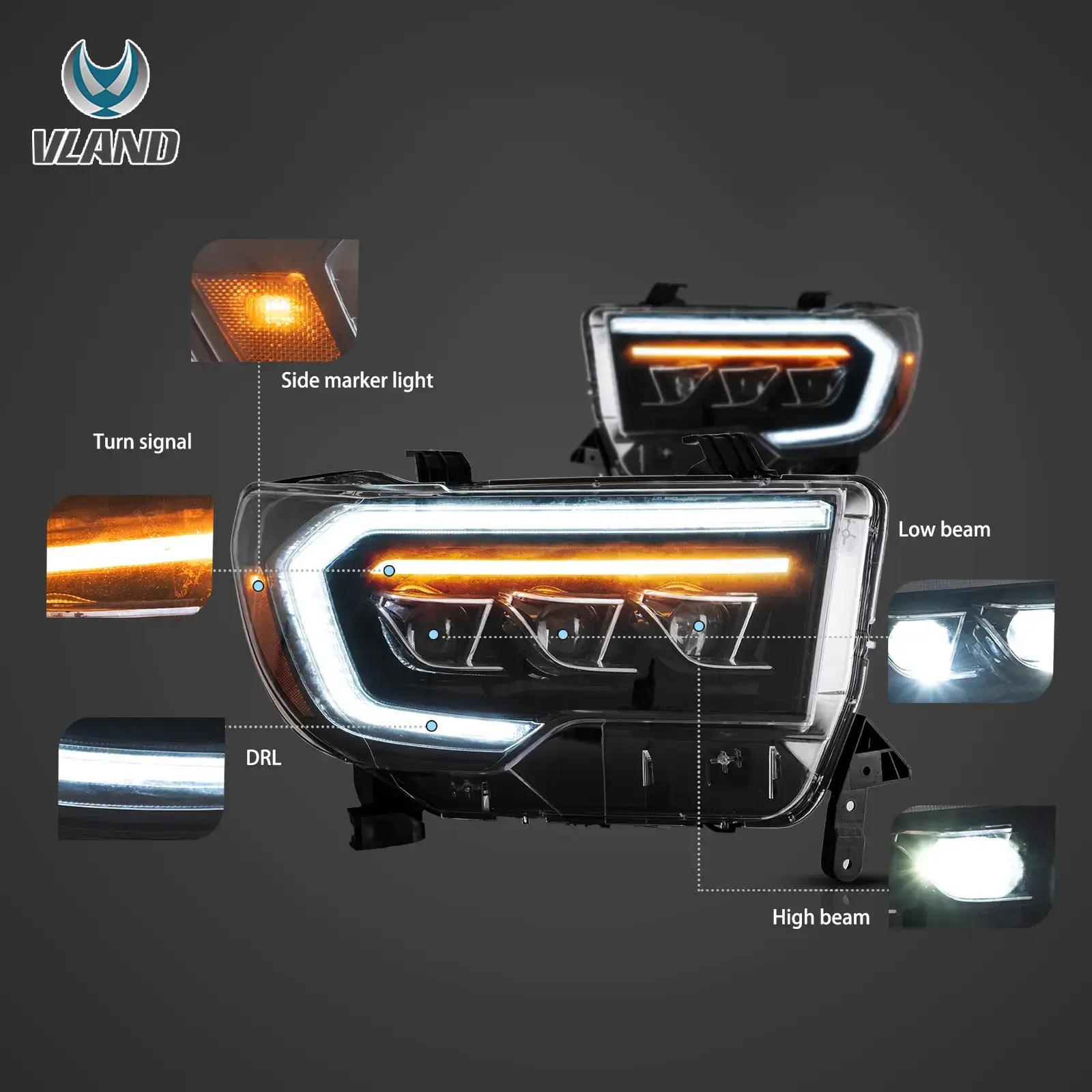07-13 Toyota Tundra & 08-21 Toyota Sequoia Vland LED Matrix Projector HeadLights Black - Image 3