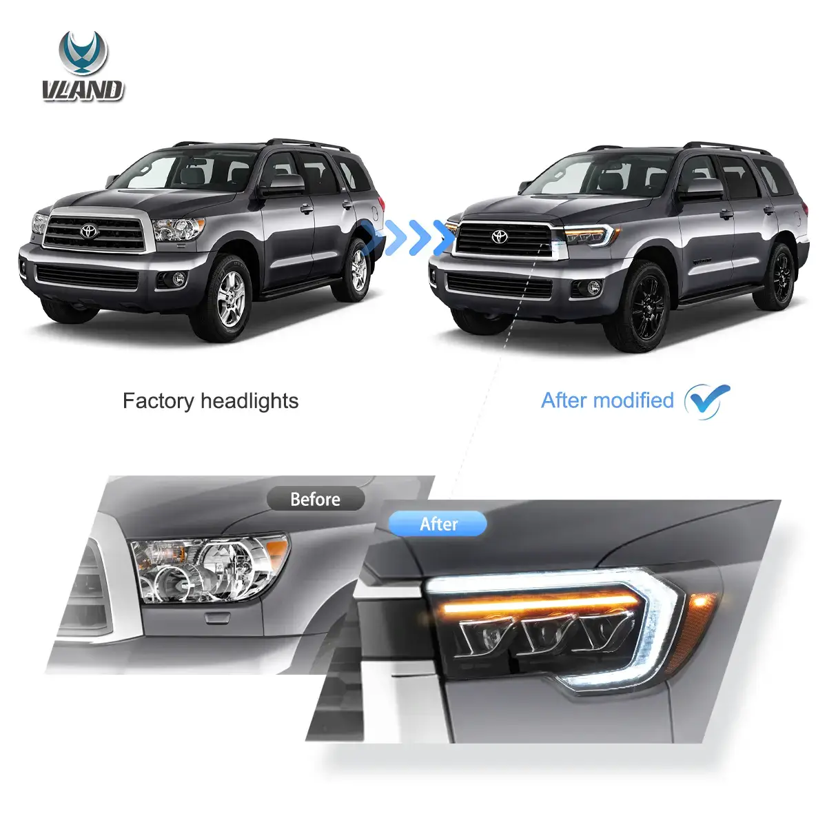 07-13 Toyota Tundra & 08-21 Toyota Sequoia Vland LED Matrix Projector HeadLights Black - Image 8