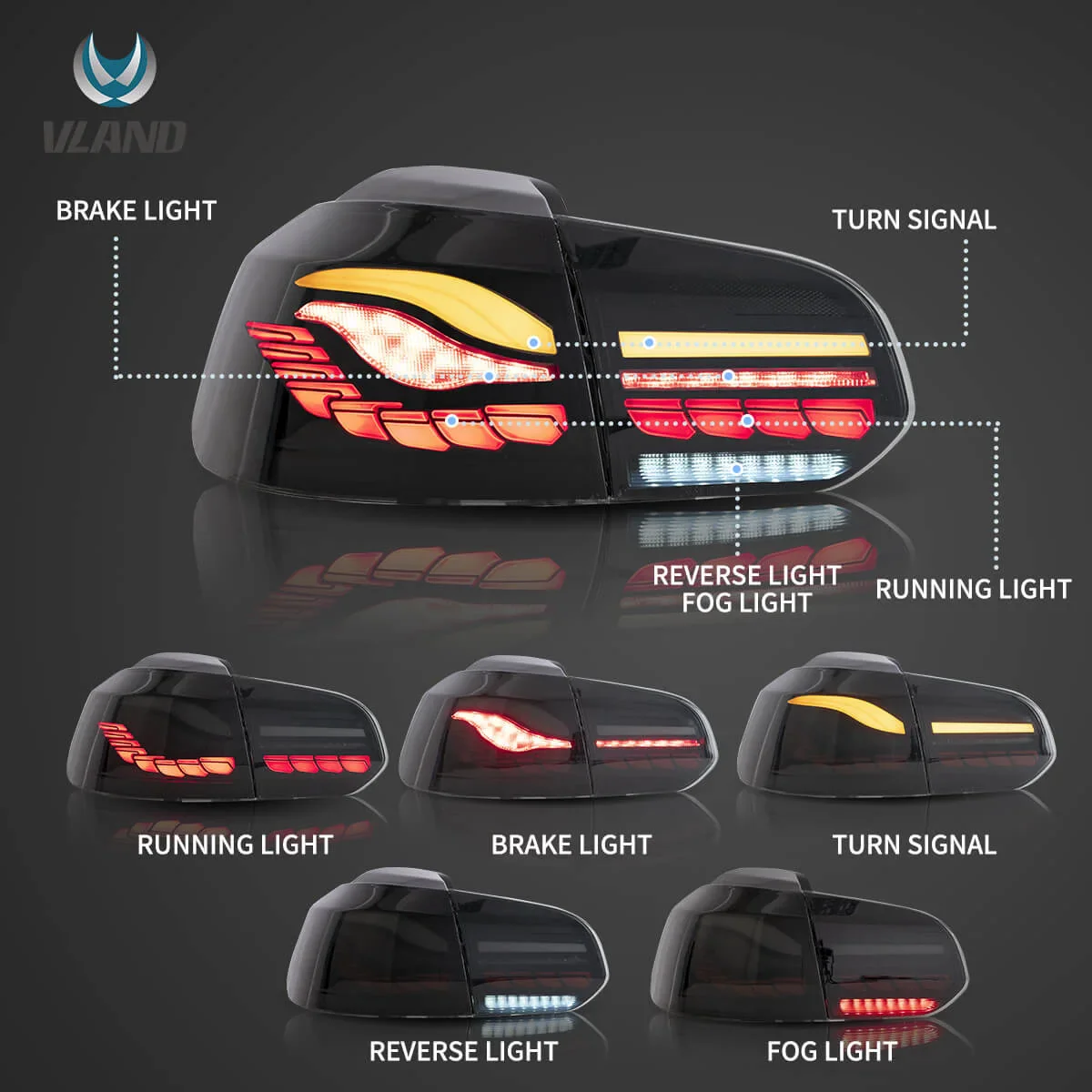 08-14 VW Golf Mk6 Hatchback Vland II OLED Aftermarket Tail Lights With Dragon Scale Effect - Image 3