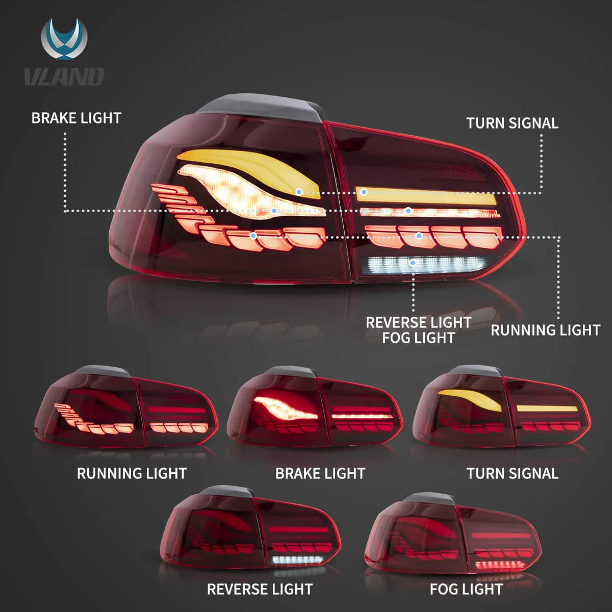 08-14 VW Golf Mk6 Hatchback Vland II OLED Aftermarket Tail Lights With Dragon Scale Effect - Image 7