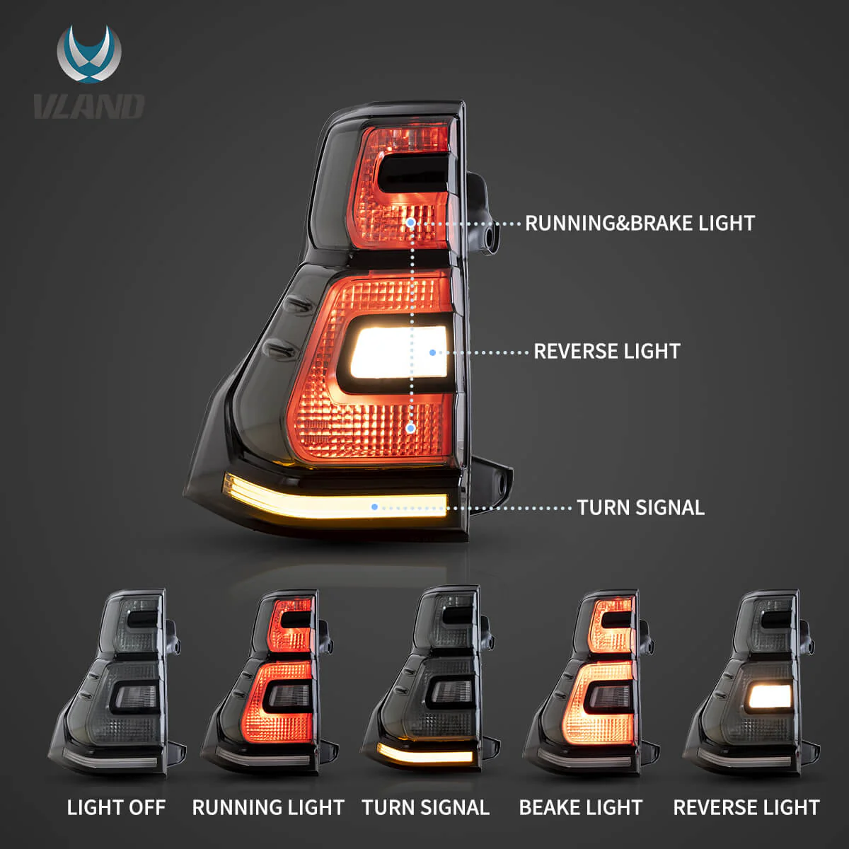 10-17 Toyota Land Cruiser Prado Vland LED Tail Lights With Sequential Turn Signal Red - Image 5