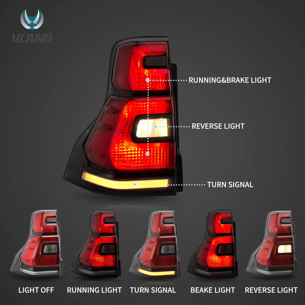 10-17 Toyota Land Cruiser Prado Vland LED Tail Lights With Sequential Turn Signal Red - Image 7