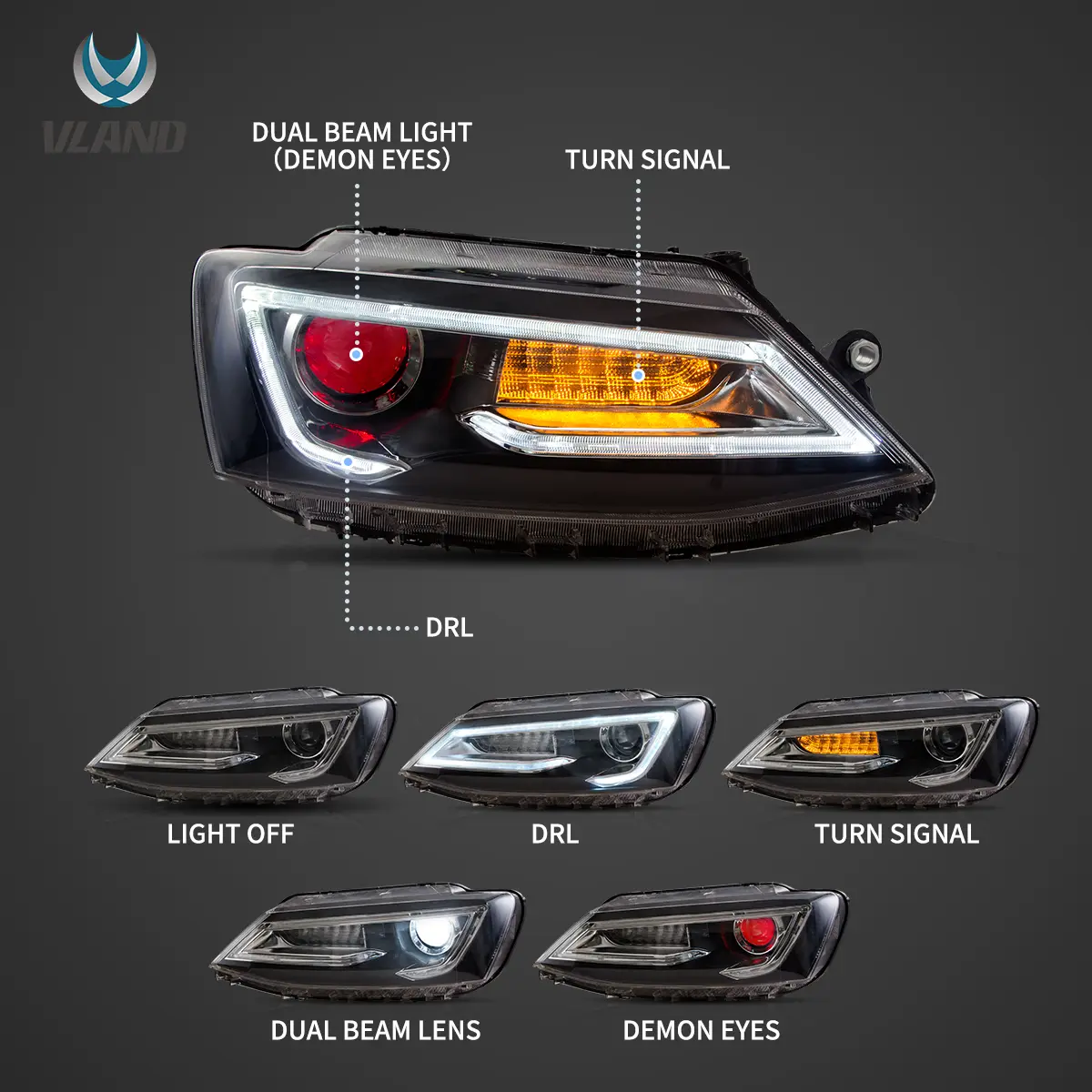 10-18 VW Jetta MK6 Vland Dual Beam Projector Aftermarket Headlights Black With Red Demon Eyes E-mark - Image 4