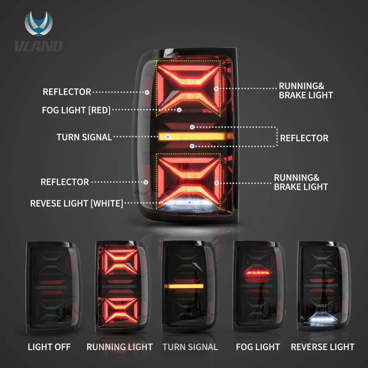 10-22 VW Amarok Vland LED Aftermarket Tail Lights With Dynamic Welcome Lighting Smoked [E-mark] - Image 3