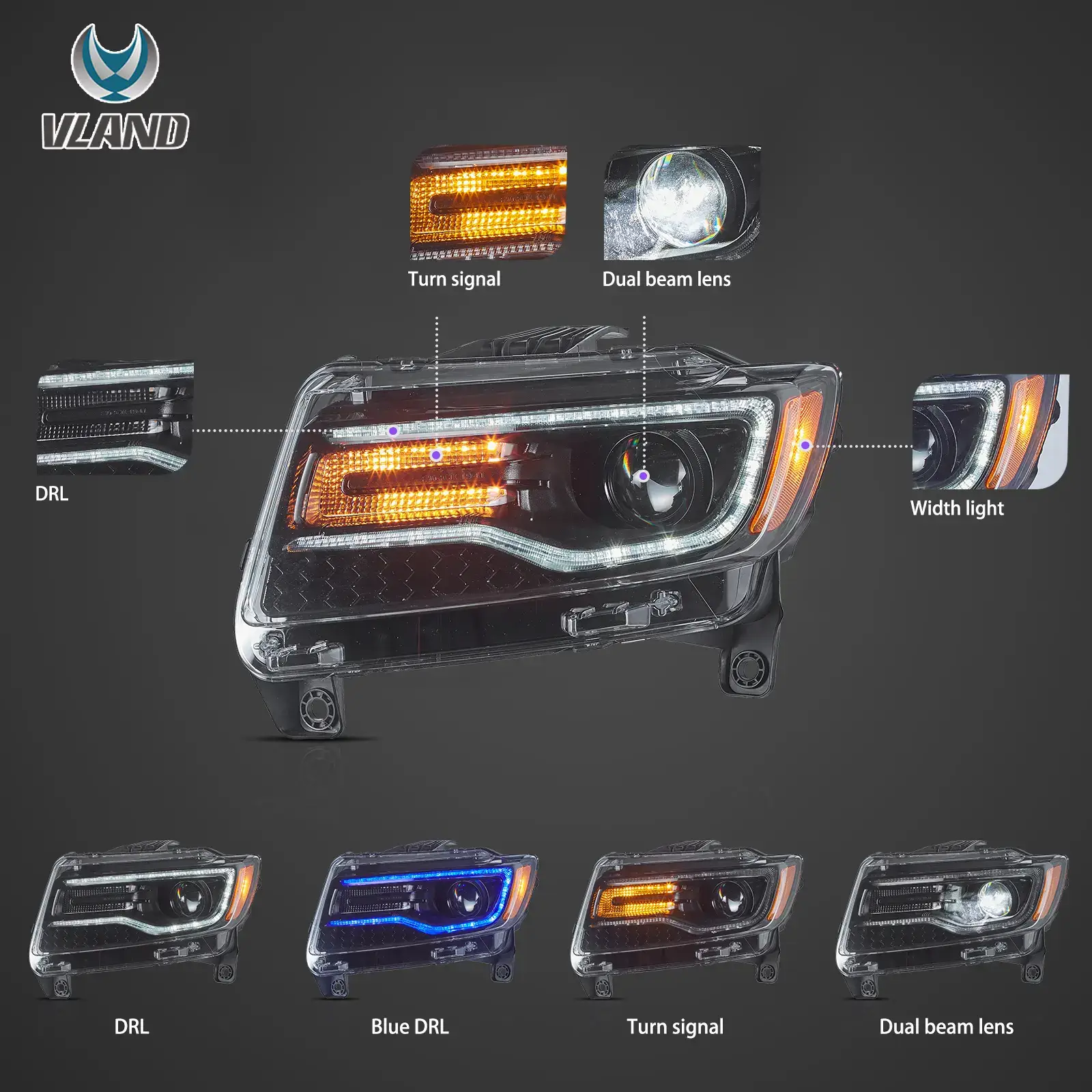 11-13 Jeep Grand Cherokee (WK2) Vland Headlights Full LED With Startup Animation/ Blue DRL - Image 3