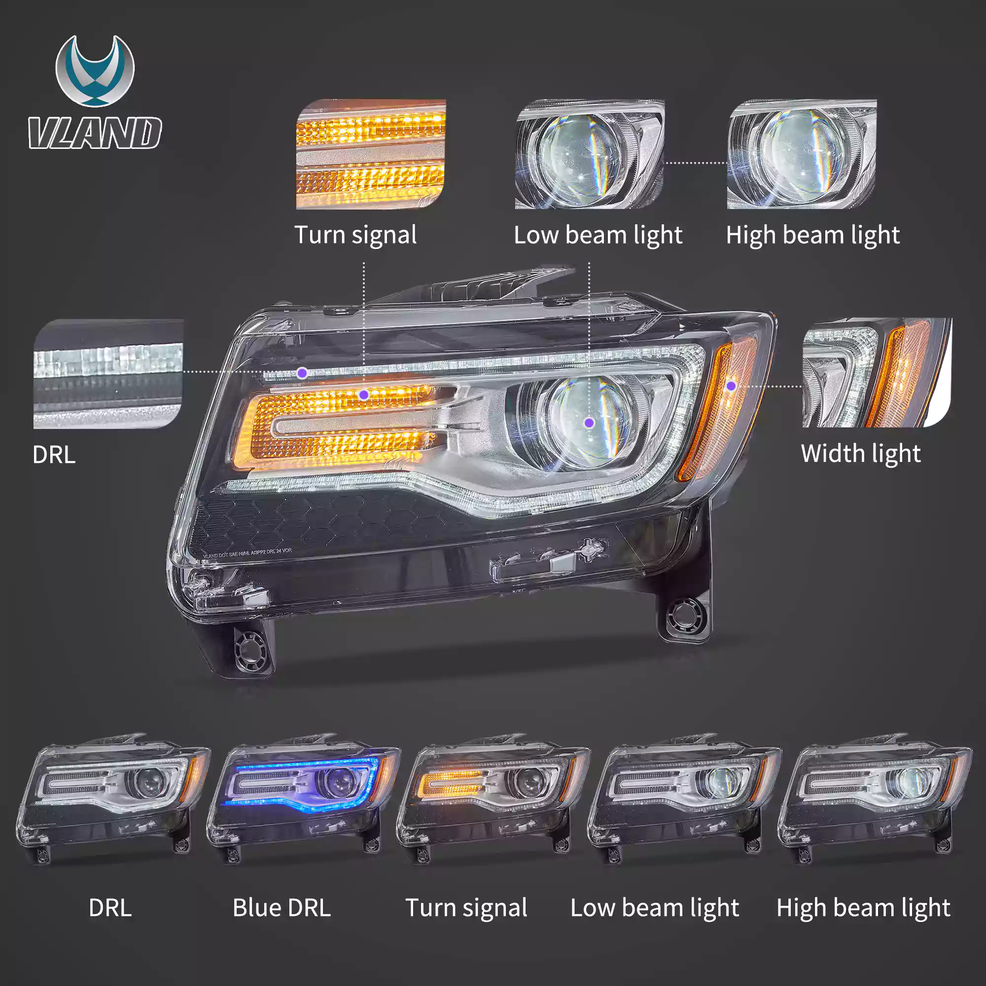 11-13 Jeep Grand Cherokee (WK2) Vland Headlights Full LED With Startup Animation/ Blue DRL - Image 6