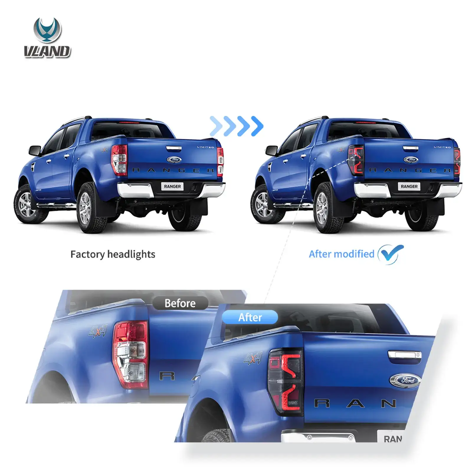12-22 Ford Ranger Vland LED Upgrade Tail Lights With Amber Sequential Turn Signal (Not Fit For US Models) - Image 7