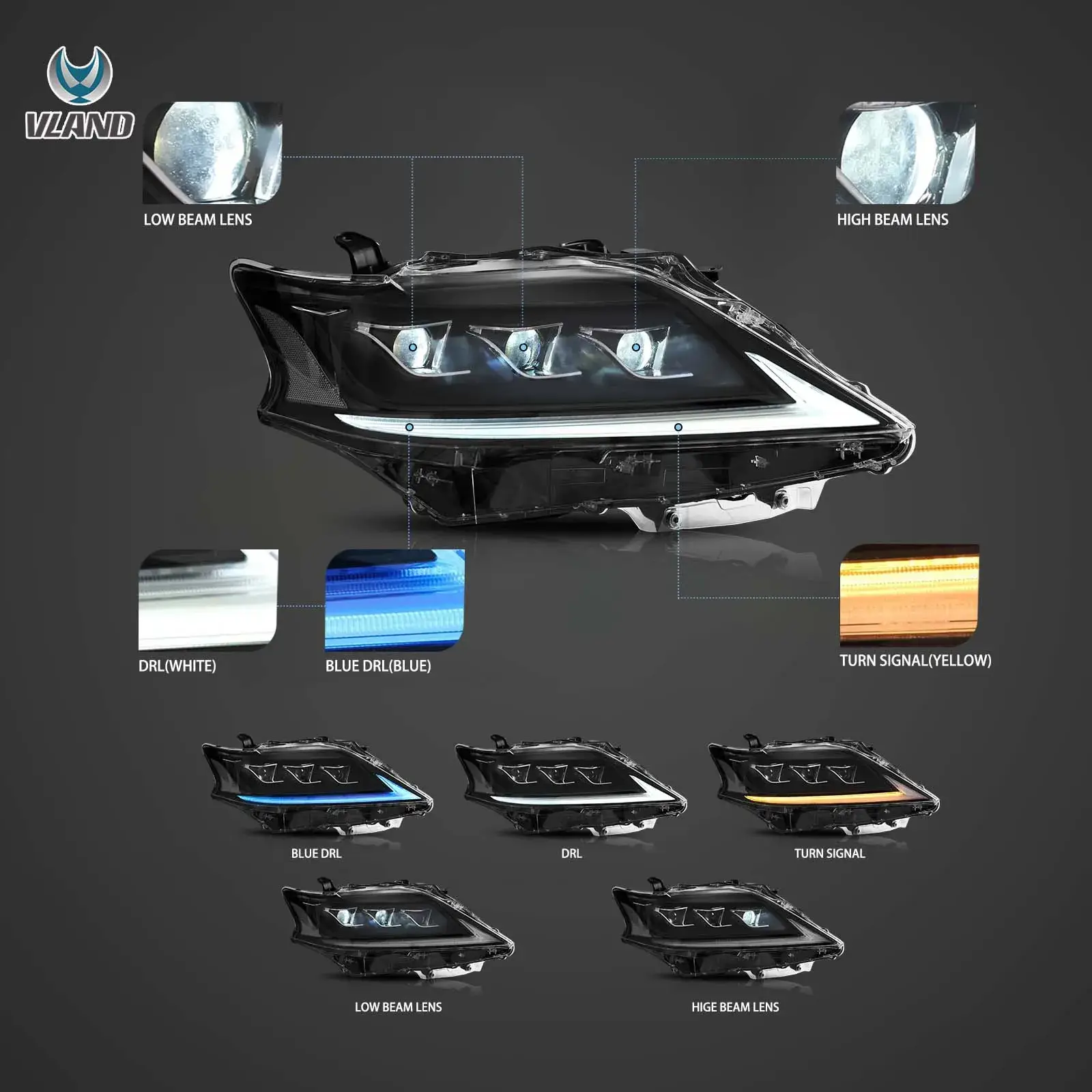 13-15 Lexus RX270 RX350 RX450H Vland LED Matrix Headlight Black - Image 3