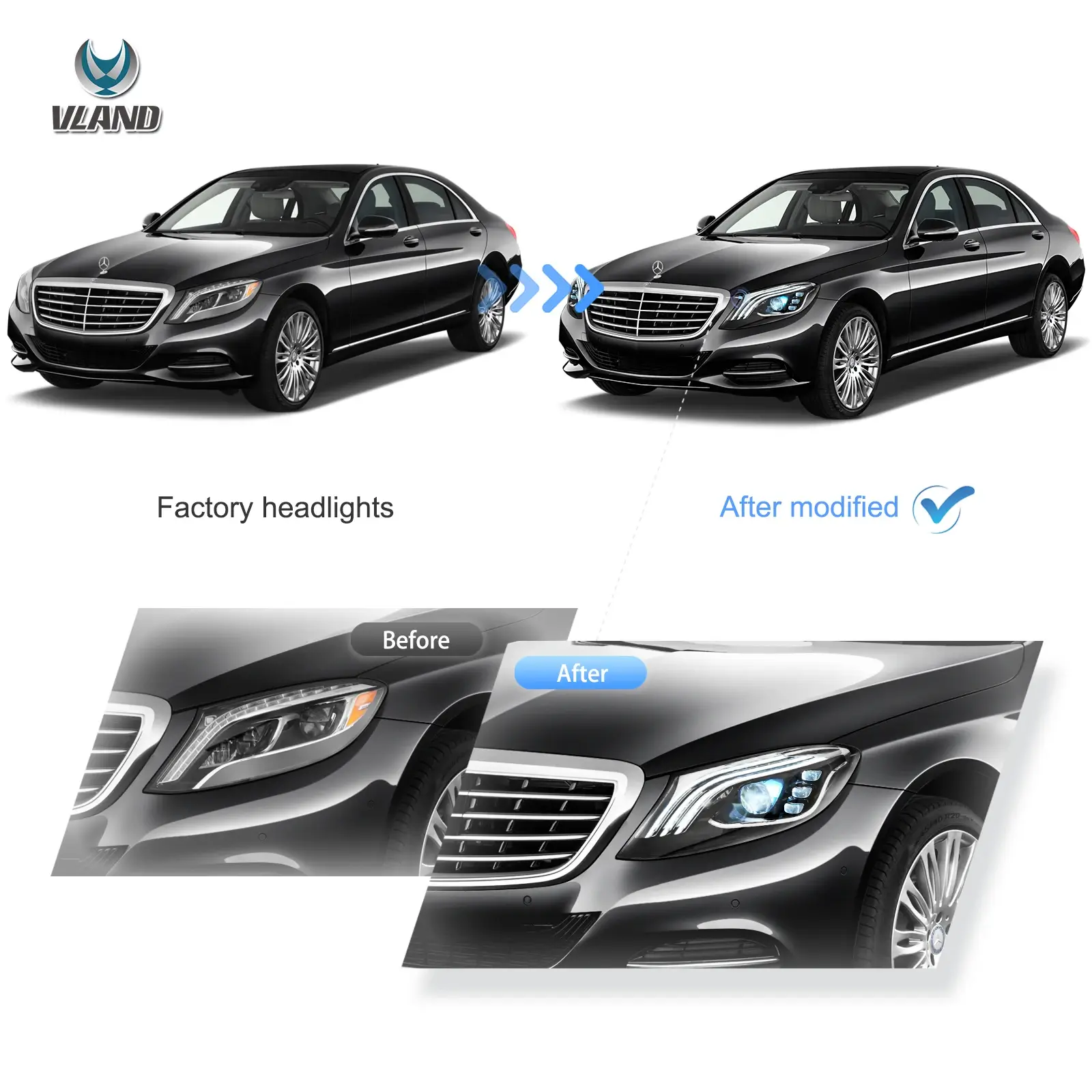 VLAND Full LED Headlights For 2014-2017 Mercedez Benz W222 S-Class [E-mark] - Image 4