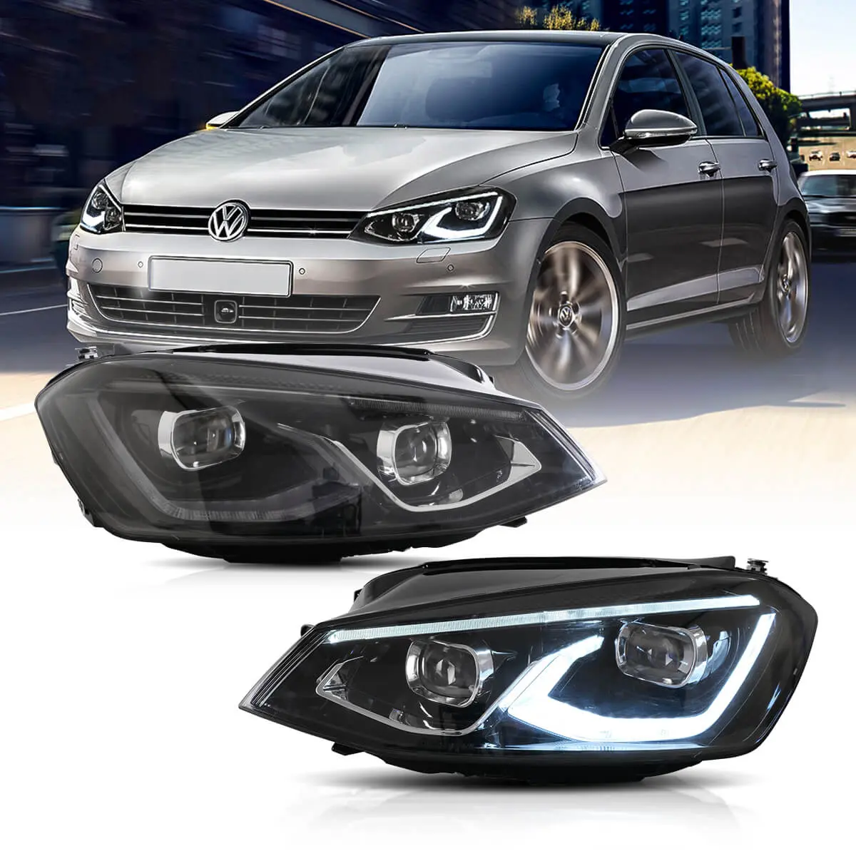 13-17 VW Golf MK7 Hatchback Vland LED Aftermarket Headlights Black [E-mark]