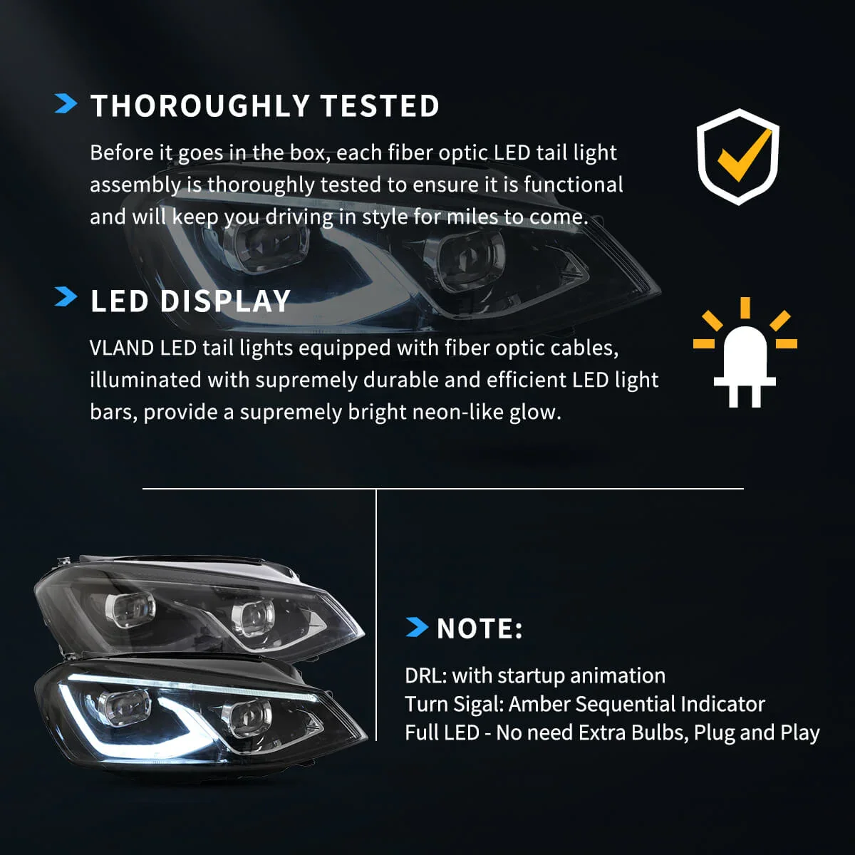 13-17 VW Golf MK7 Hatchback Vland LED Aftermarket Headlights Black [E-mark] - Image 10