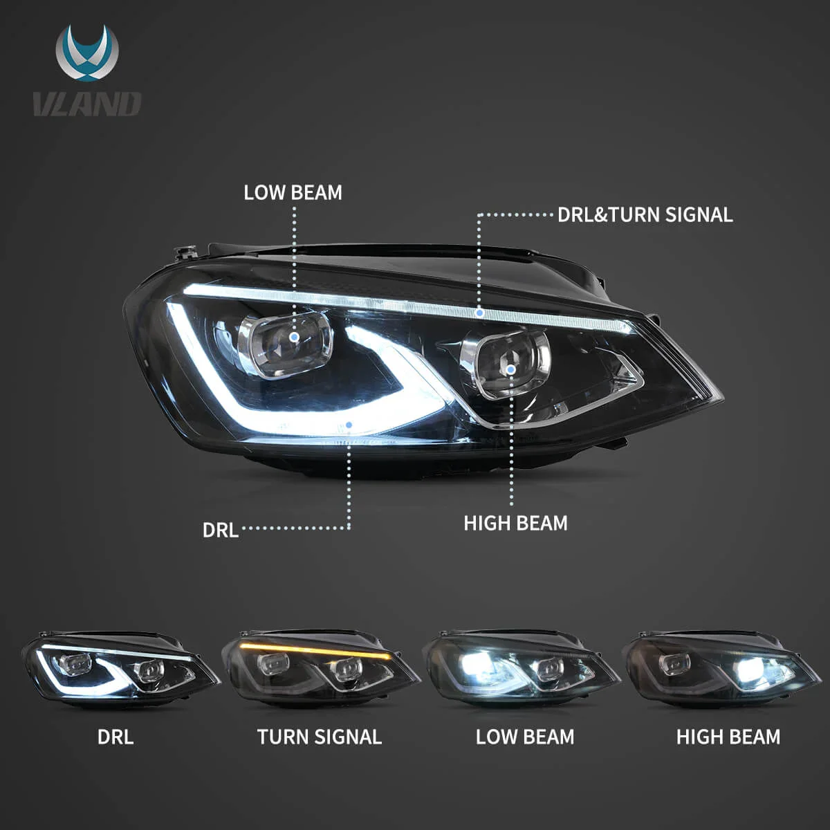 13-17 VW Golf MK7 Hatchback Vland LED Aftermarket Headlights Black [E-mark] - Image 4