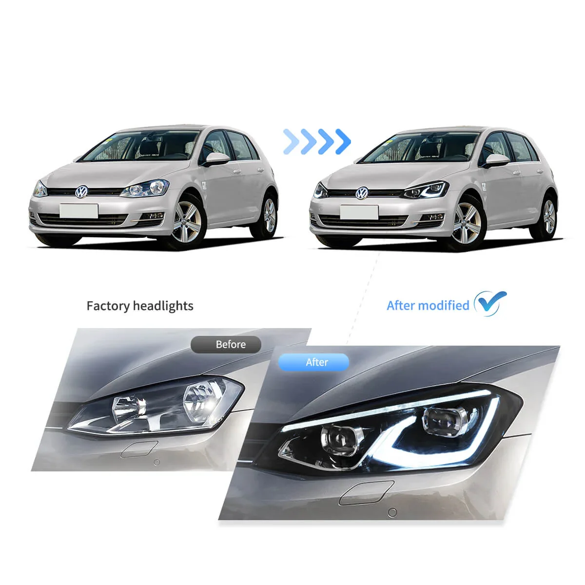 13-17 VW Golf MK7 Hatchback Vland LED Aftermarket Headlights Black [E-mark] - Image 7