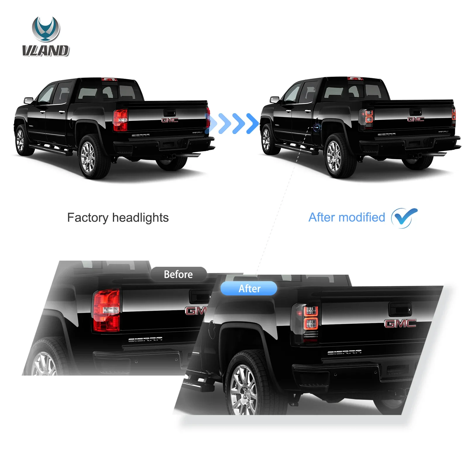 14-18 GMC Sierra 1500 2500HD 3500HD Vland II LED Tail Lights With Dynamic Welcome Lighting Clear - Image 7