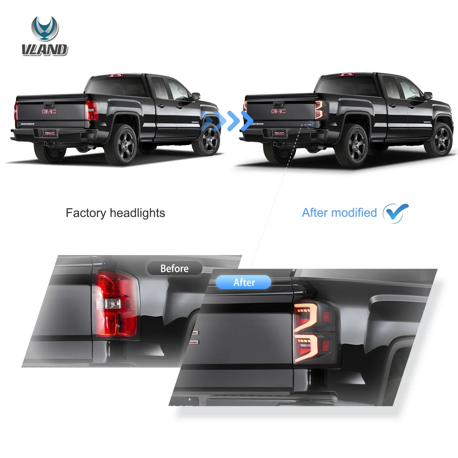 14-18 GMC Sierra 1500 2500HD 3500HD Vland LED Tail Lights With Dynamic Welcome Lighting Clear - Image 6