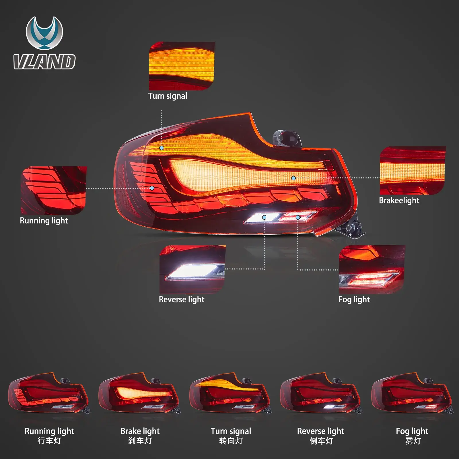 14-21 BMW 2 Series (F22 F23) M2 (F87) Vland OLED Tail Lights With Dynamic Welcome Lighting GTS Style [E-mark] - Image 6
