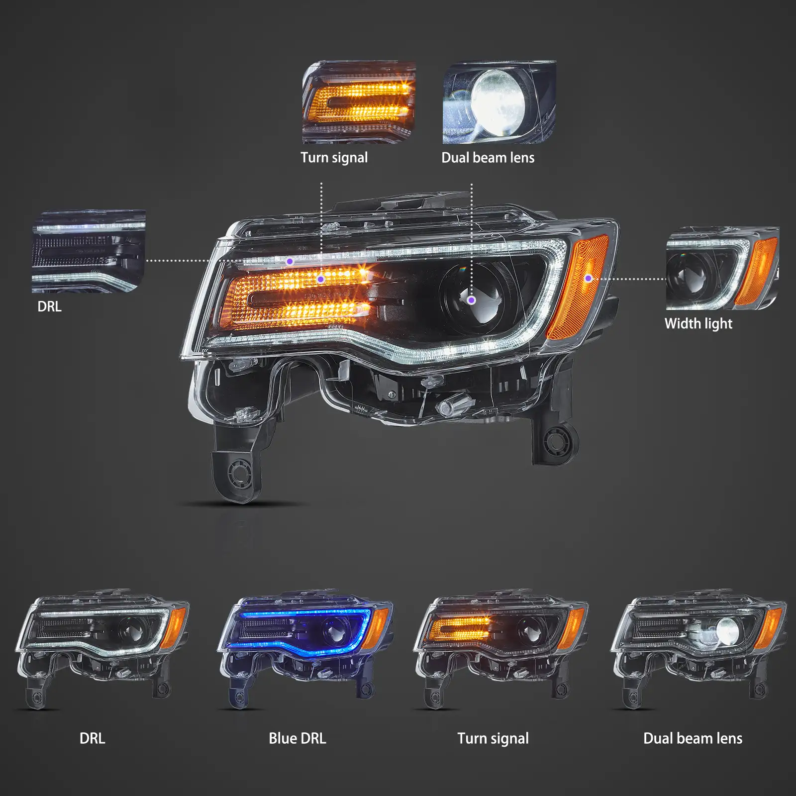 14-22 Jeep Grand Cherokee (WK2) Vland Headlights Full LED With Startup Animation/ Blue DRL - Image 3