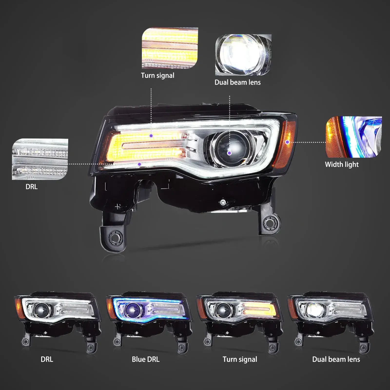 14-22 Jeep Grand Cherokee (WK2) Vland Headlights Full LED With Startup Animation/ Blue DRL - Image 6
