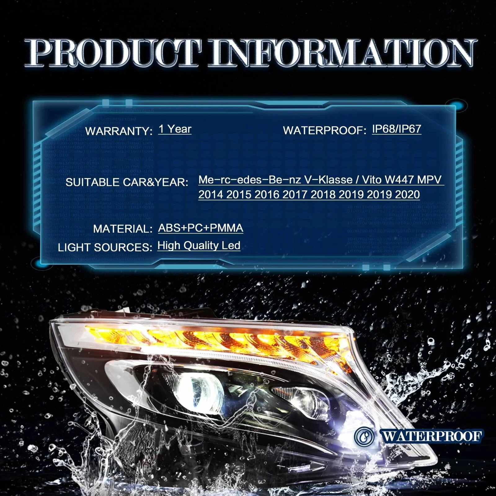 Mercedes-Benz Vito V-Class W447 2014-2023 Vland LED Headlights [E-mark] - Image 5