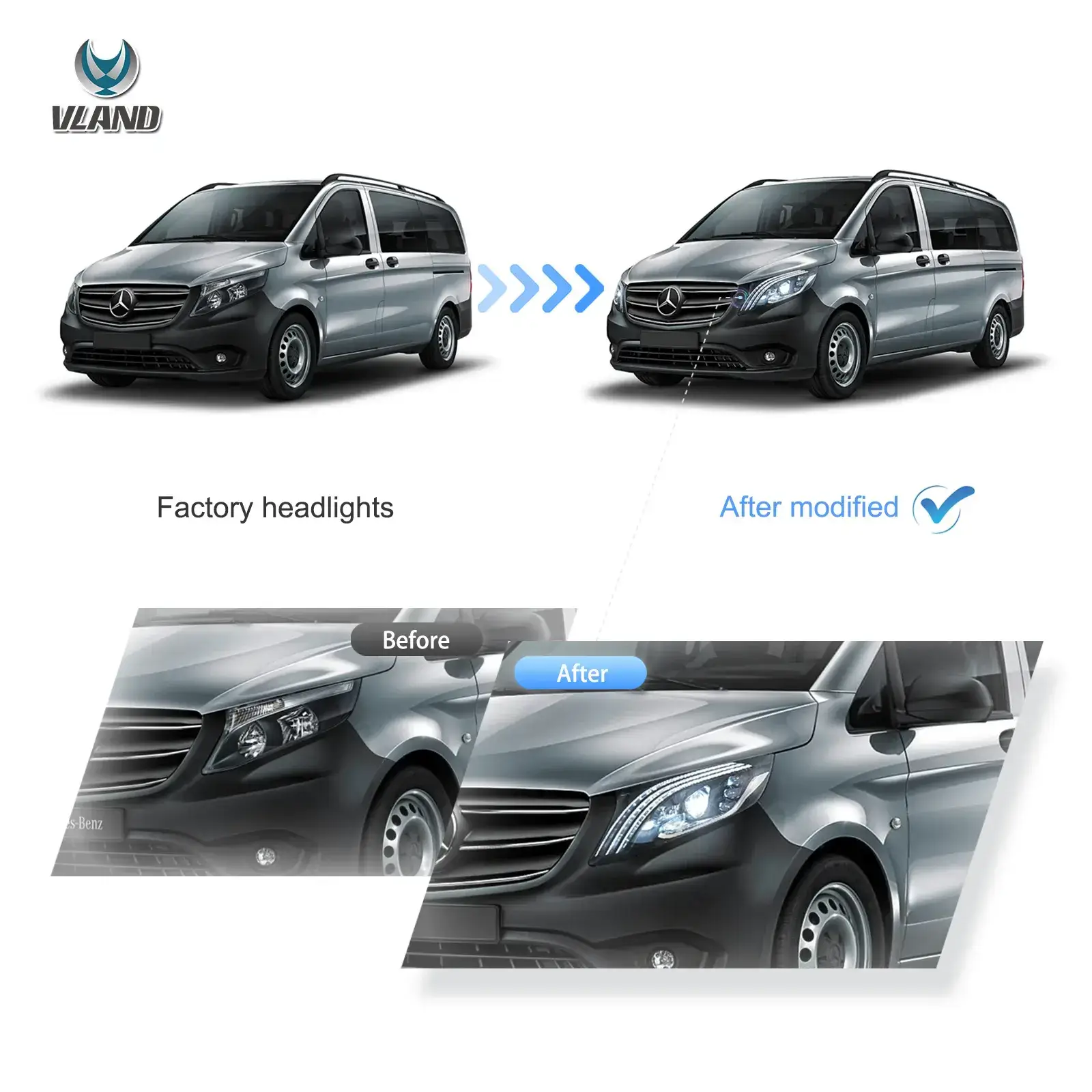 16-23 Mercedes Benz Metris / Vito 3th Gen (W447) Vland LED Matrix Headlights Black [E-mark] - Image 5