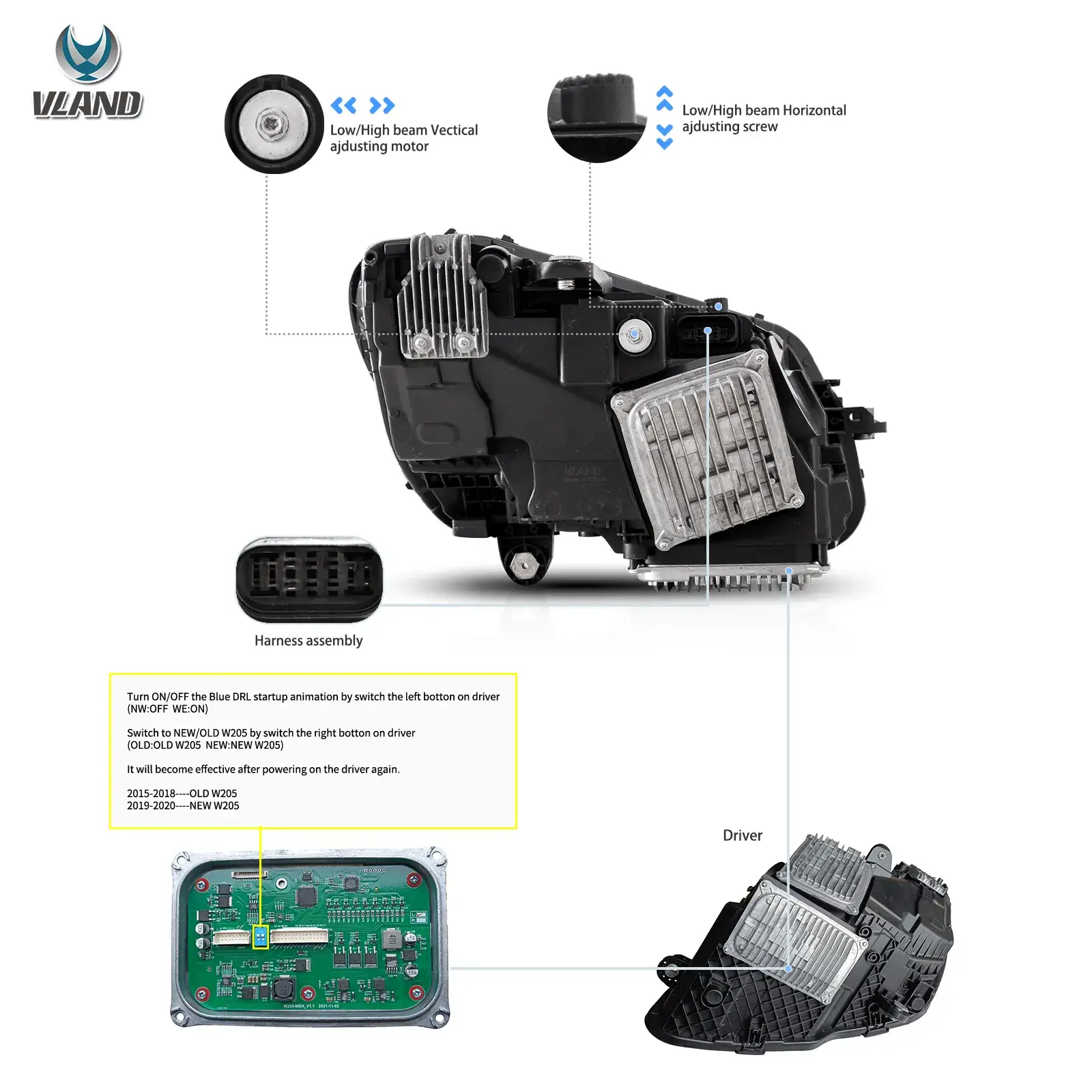 15-21 Mercedes-Benz C-Class W205 Vland LED Matrix Headlight Black [E-mark] - Image 4