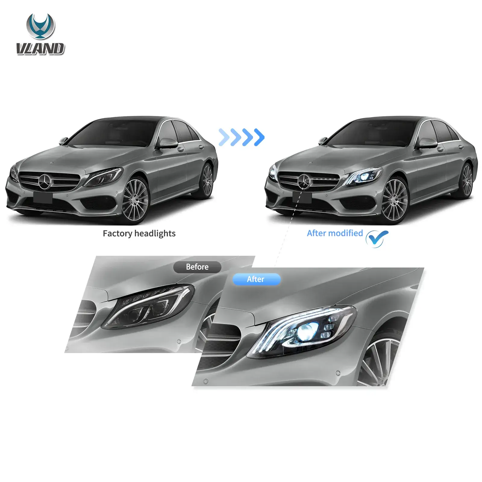 15-21 Mercedes-Benz C-Class W205 Vland LED Matrix Headlight Black [E-mark] - Image 5