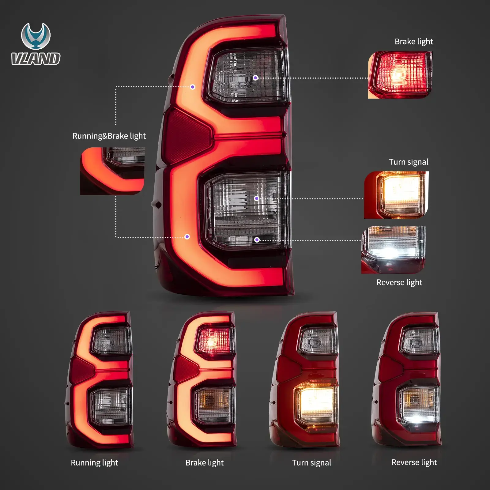 15-22 Toyota Hilux Vland LED Tail Lights With Dynamic Welcome Lighting - Image 3