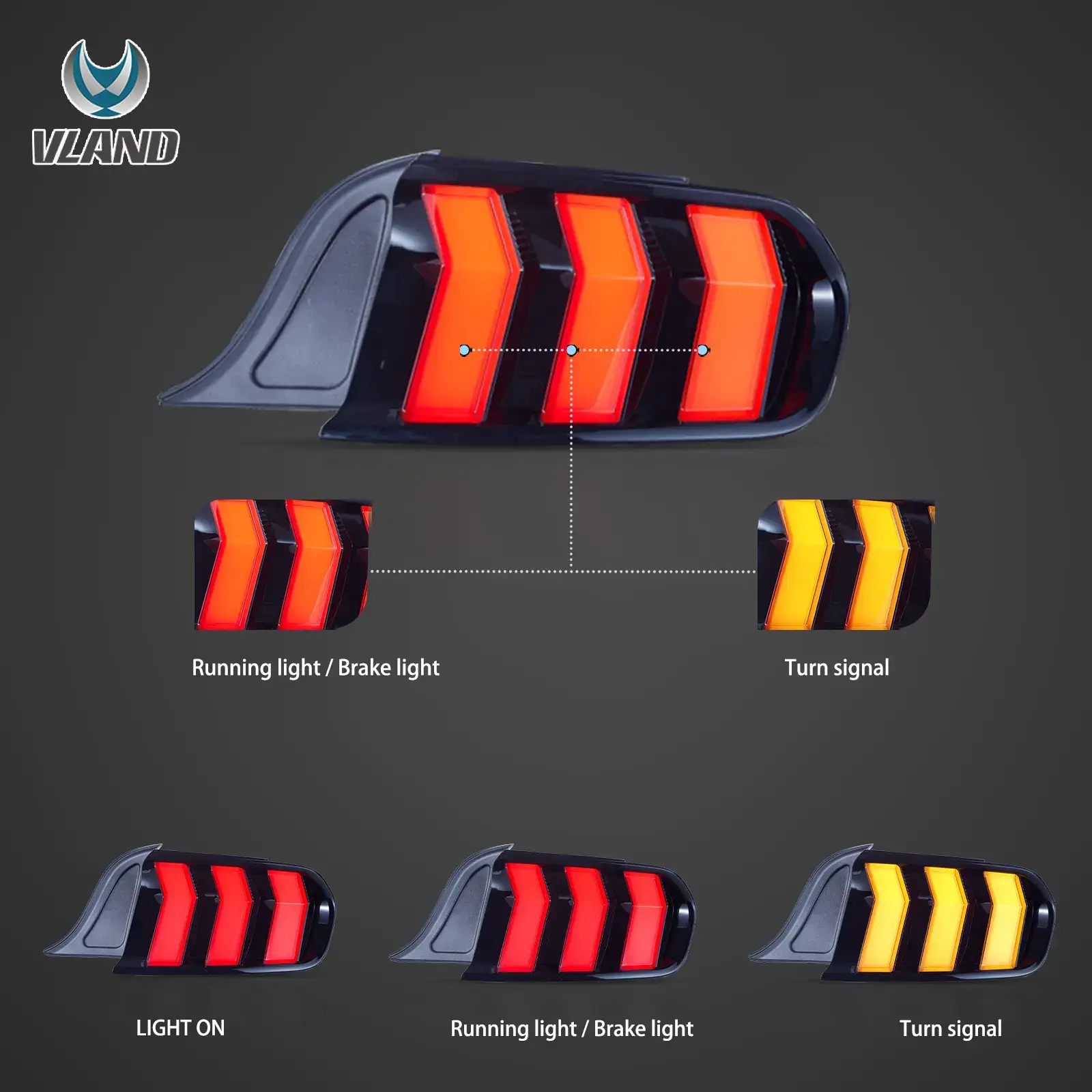 15-23 Ford Mustang 6th Gen (S550) Vland LED Upgrade Tail Lights W/5 Modes Turn Signals - Image 2