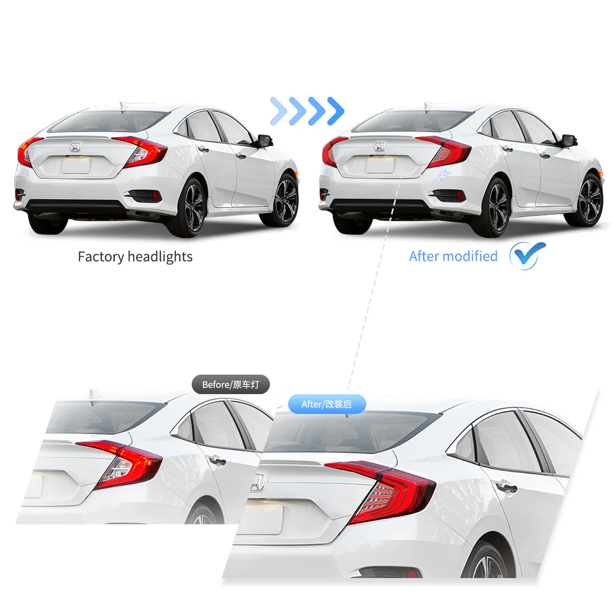 16-21 Honda Civic 10th Gen Sedan Vland LED Tail Lights with Amber Turn Signal - Image 4