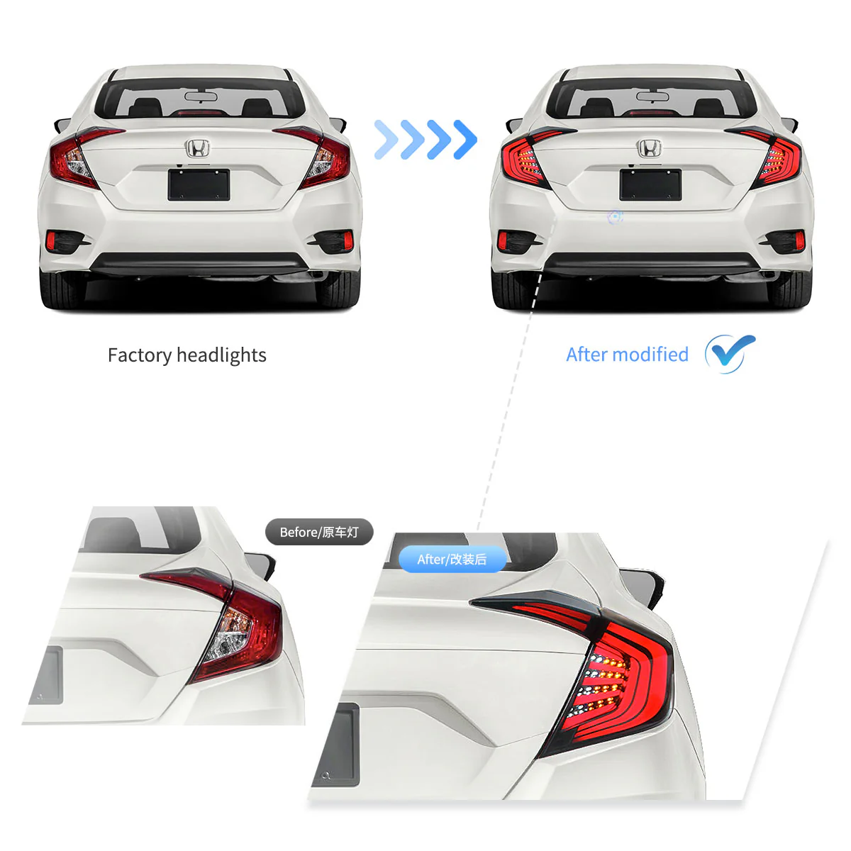 16-21 Honda Civic 10th Gen Sedan Vland LED Tail Lights with Amber Turn Signal - Image 5