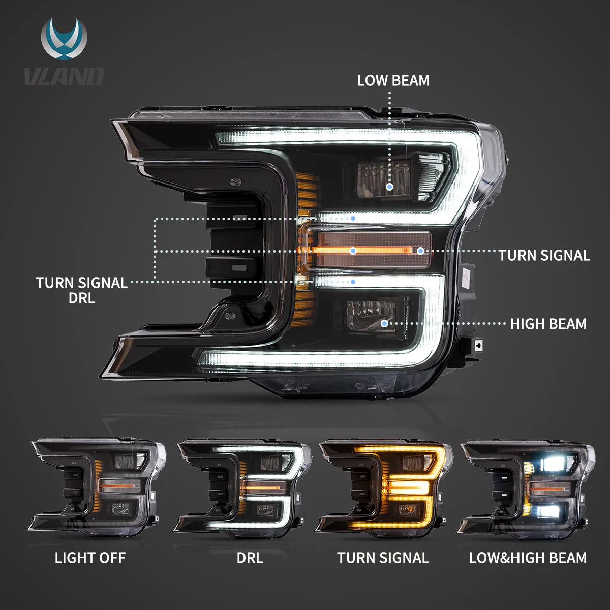 18-20 Ford F150 13th Gen Vland LED Dual Beam Projector HeadLights With Start Up Animation - Image 4