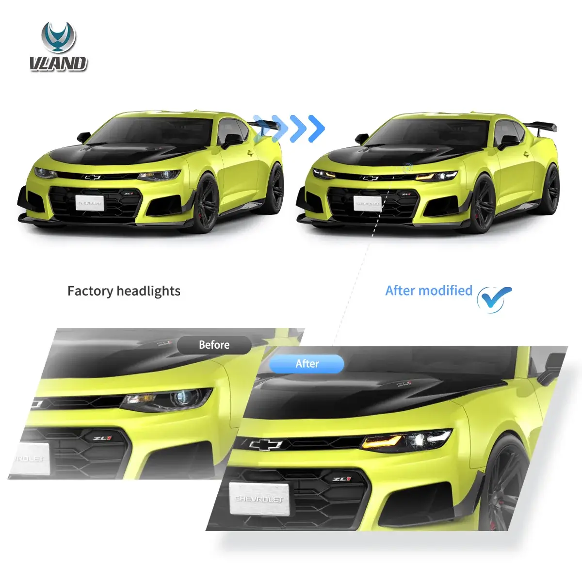 19-24 Chevrolet Chevy Camaro Vland Full LED Dual Beam Projector Headlights - Image 4