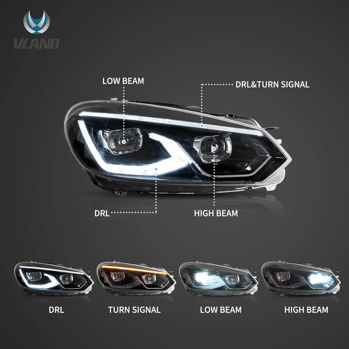 08-14 VW Golf Mk6 Vland LED Dual Beam Projector Aftermarket Headlights Black[E-mark] - Image 3