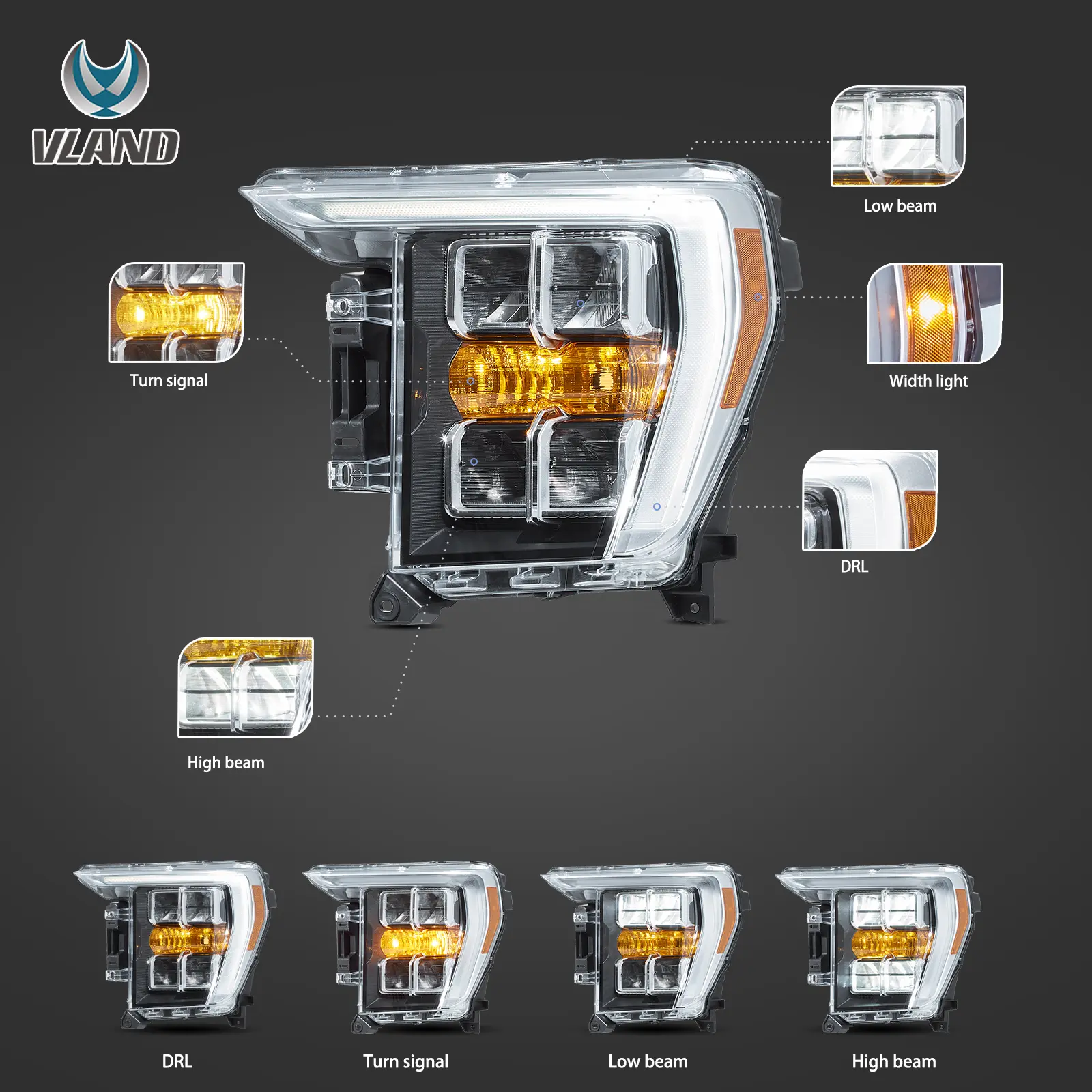 21-23 Ford F150 14th Gen Vland LED Reflection Bowl HeadLights Chrome - Image 4