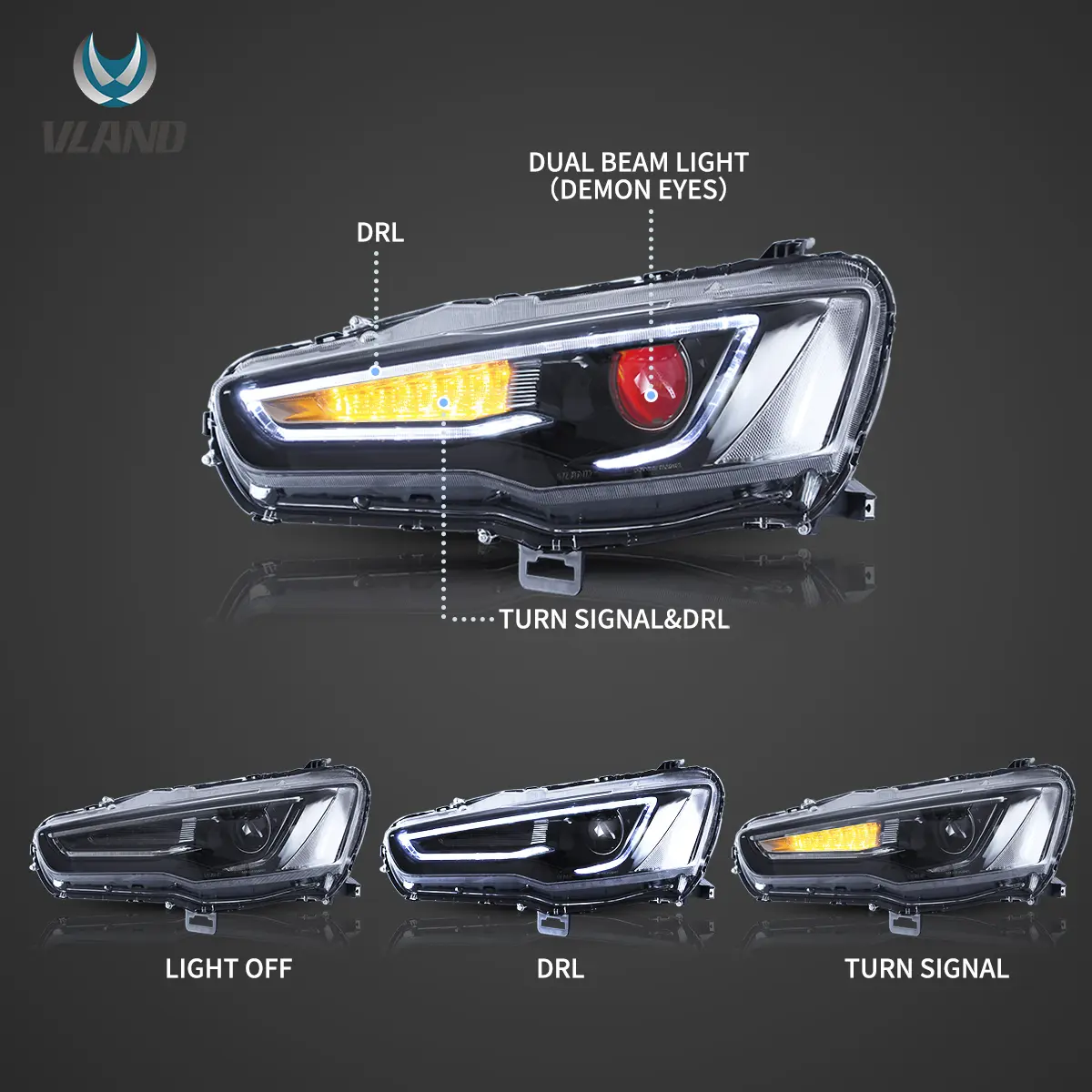 08-17 Mitsubishi Lancer / Evo X Vland Dual Beam Projector Headlights with Demon Eyes Black - Image 4
