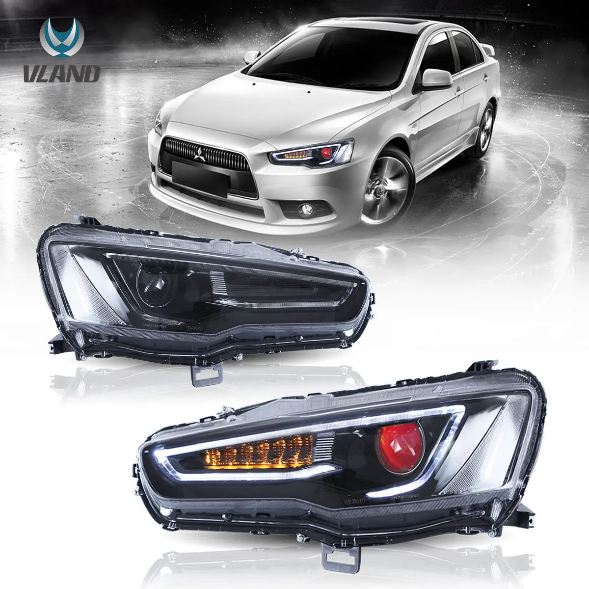 08-17 Mitsubishi Lancer / Evo X Vland Dual Beam Projector Headlights with Demon Eyes Black - Image 5