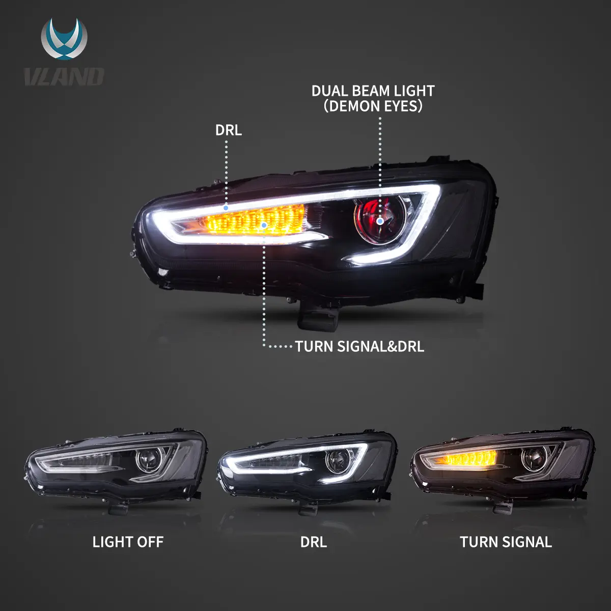 08-17 Mitsubishi Lancer / Evo X Vland Dual Beam Projector Headlights with Demon Eyes Black - Image 7