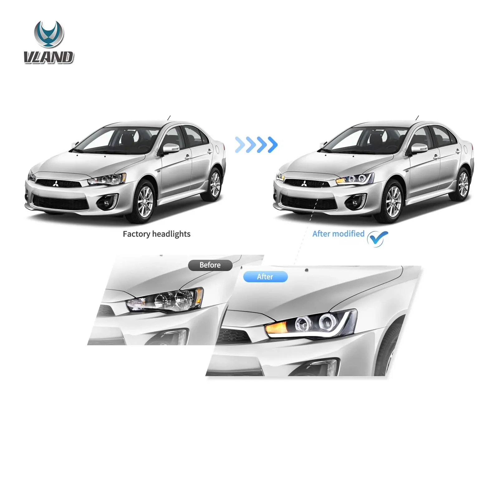 08-17 Mitsubishi Lancer 9th Gen Evo X GSR 10th Gen (CZ4A) Vland Projector HeadLights Black - Image 6