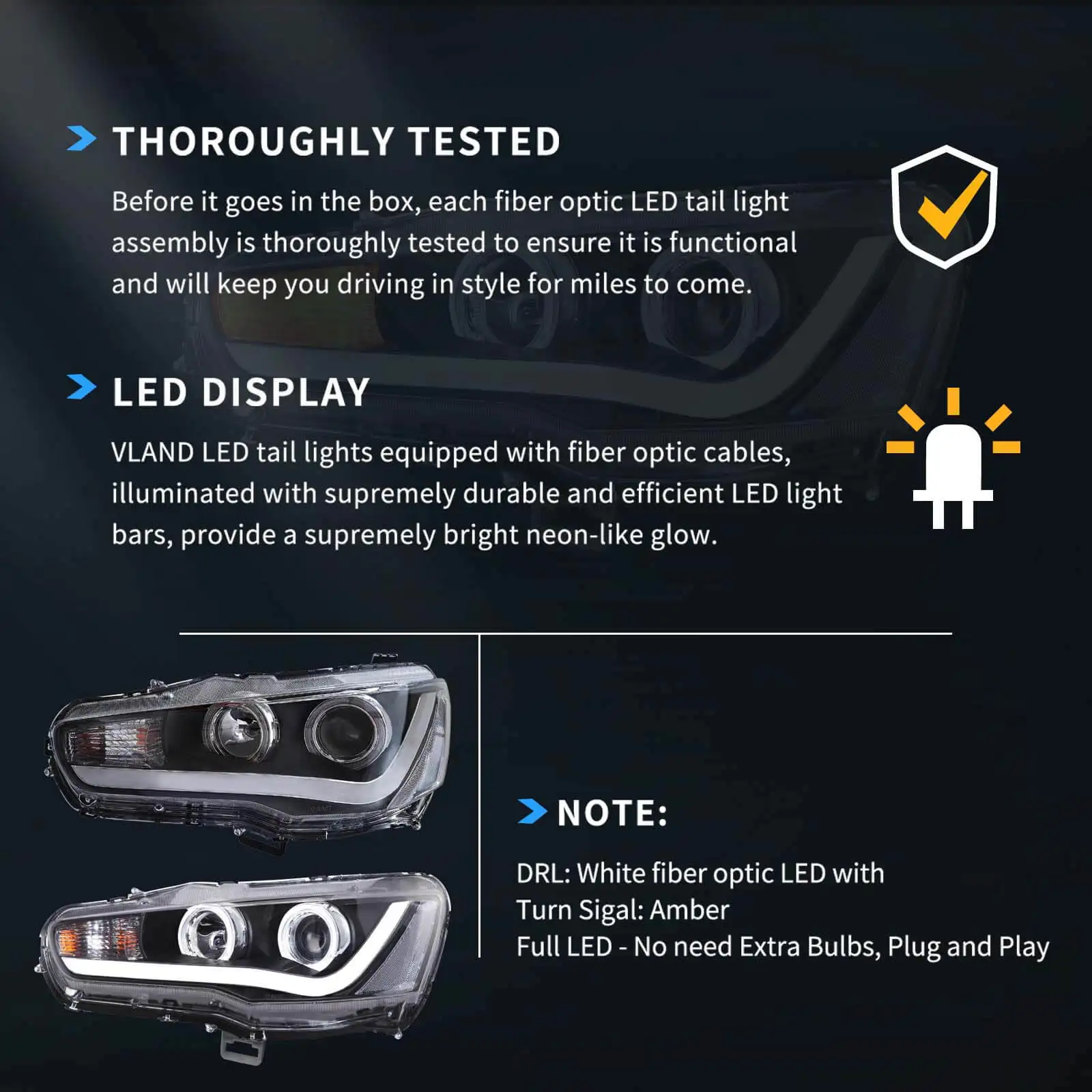 08-17 Mitsubishi Lancer 9th Gen Evo X GSR 10th Gen (CZ4A) Vland Projector HeadLights Black - Image 9