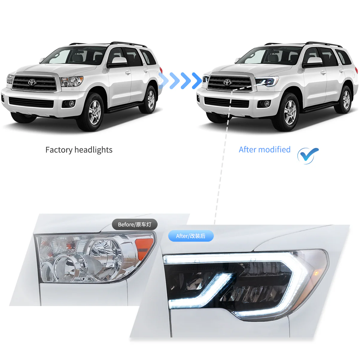 07-13 Toyota Tundra & 08-21 Toyota Sequoia Vland LED Reflection Bowl Headlights - Image 9